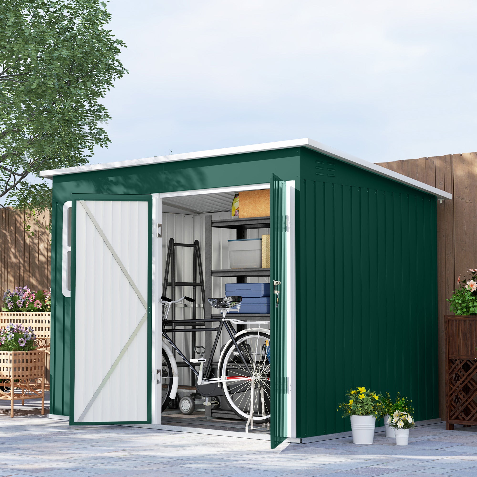 Outsunny 8.5 x 6ft Storage Shed Galvanised Steel Garden Shed, Metal Shed with Foundation Kit, Window, Lockable Wide Doors and Air Vents for Outdoor Patio, Green - North Peak Garden Furniture