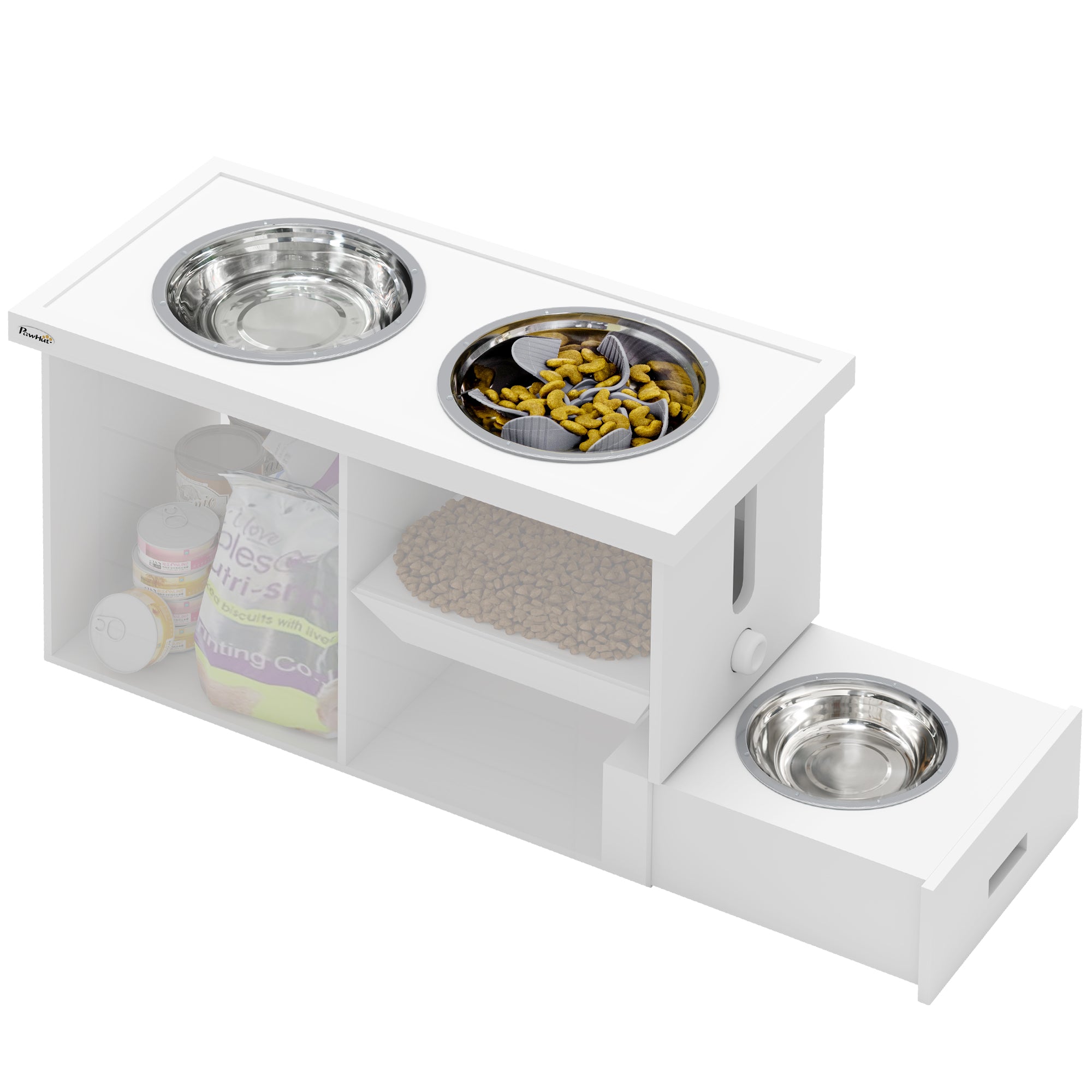 PawHut Raised Dog Bowls w/ Slow Feeder Mat, Storage Cabinet, 3 Stainless Steel Bowls, Semi-Auto Dispenser Function, White - North Peak Garden Furniture
