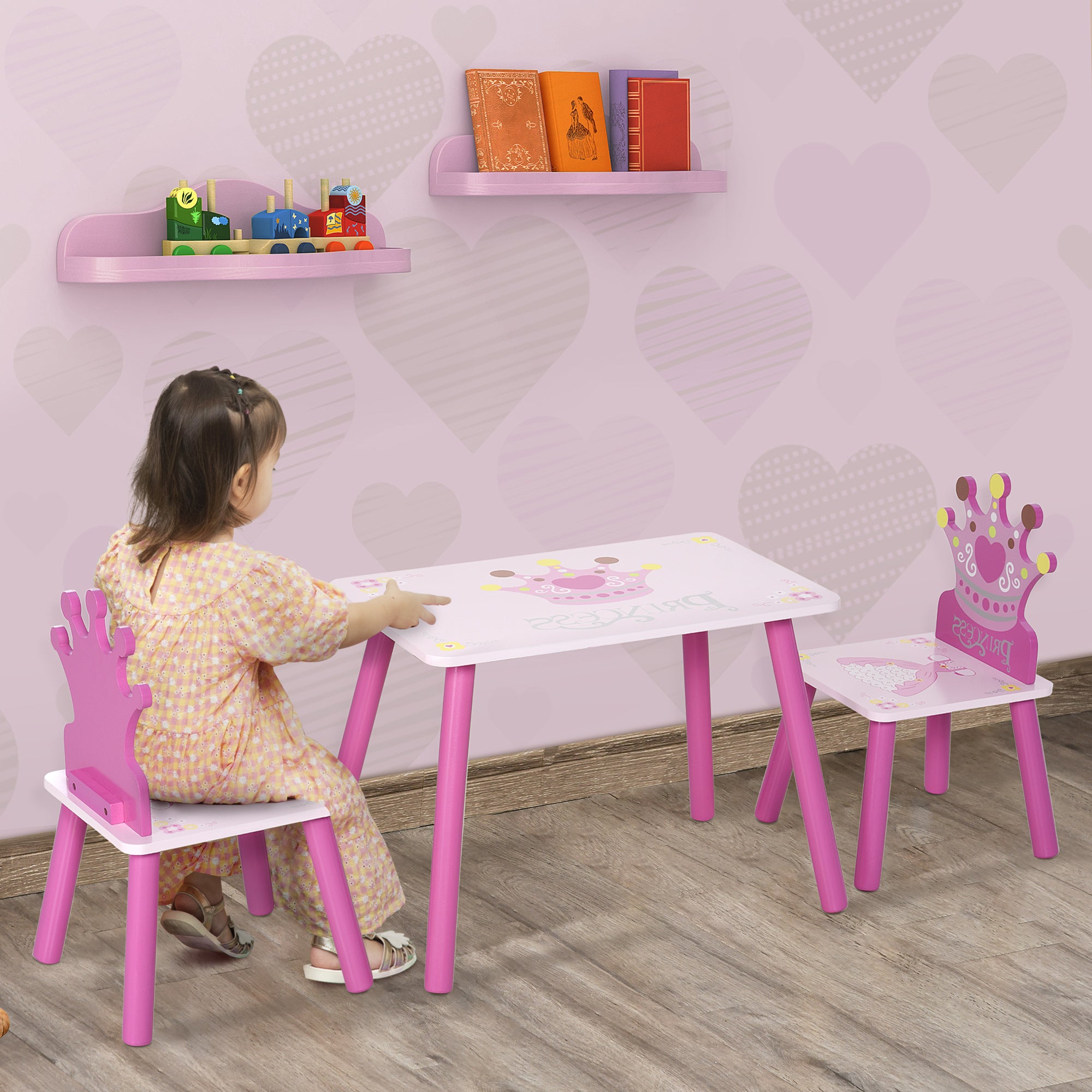 HOMCOM 3 Pcs Kids and Table Chair Set Princess & Crown Theme Home Furniture Pretty Gift 2-4 Years Pink - North Peak Garden Furniture