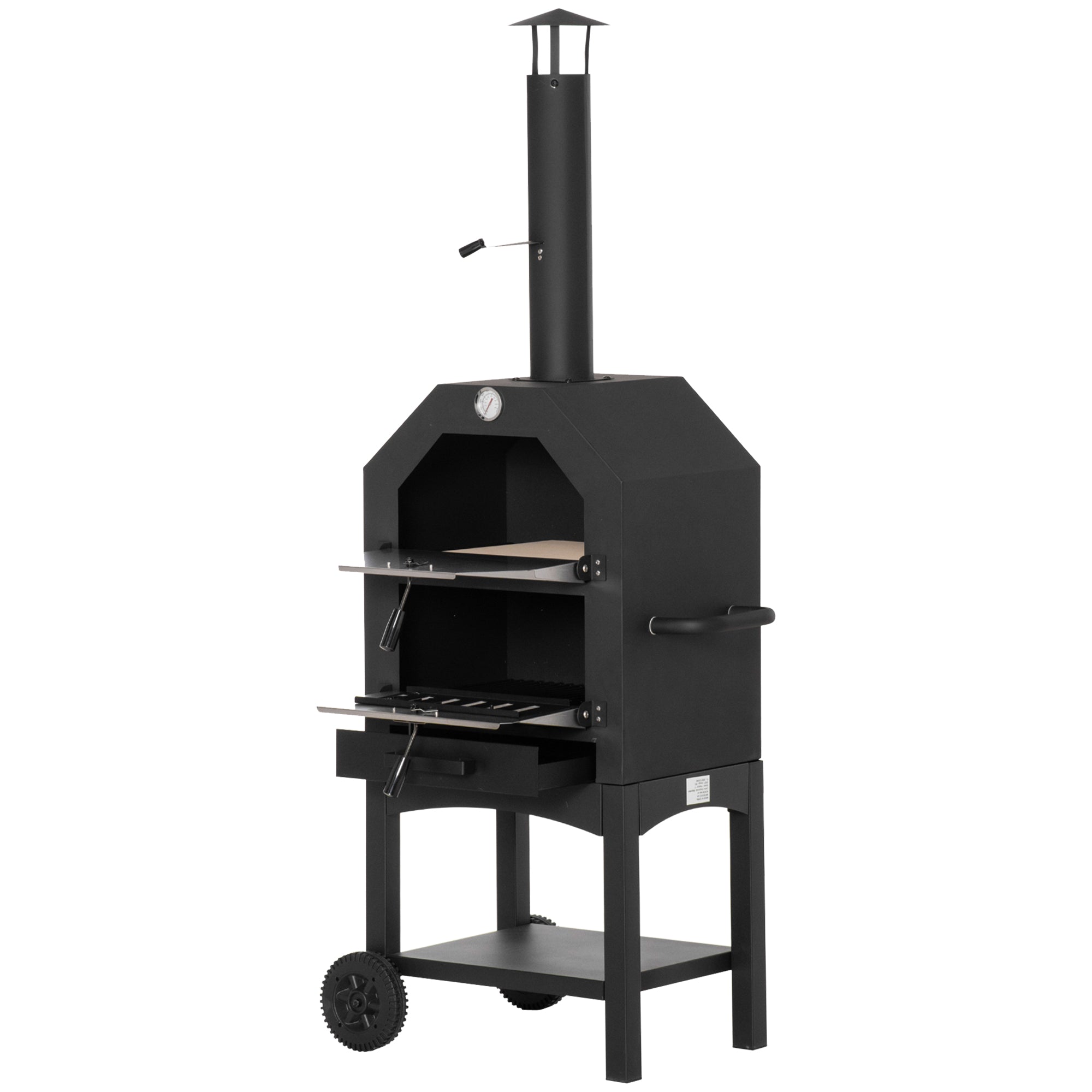 Outsunny Outdoor Garden Pizza Oven Charcoal BBQ Grill 3-Tier Freestanding w/ Chimney, Mesh Shelf, Thermometer Handles, Wheels Garden Party Gathering Stainless Steel Cooker - North Peak Garden Furniture