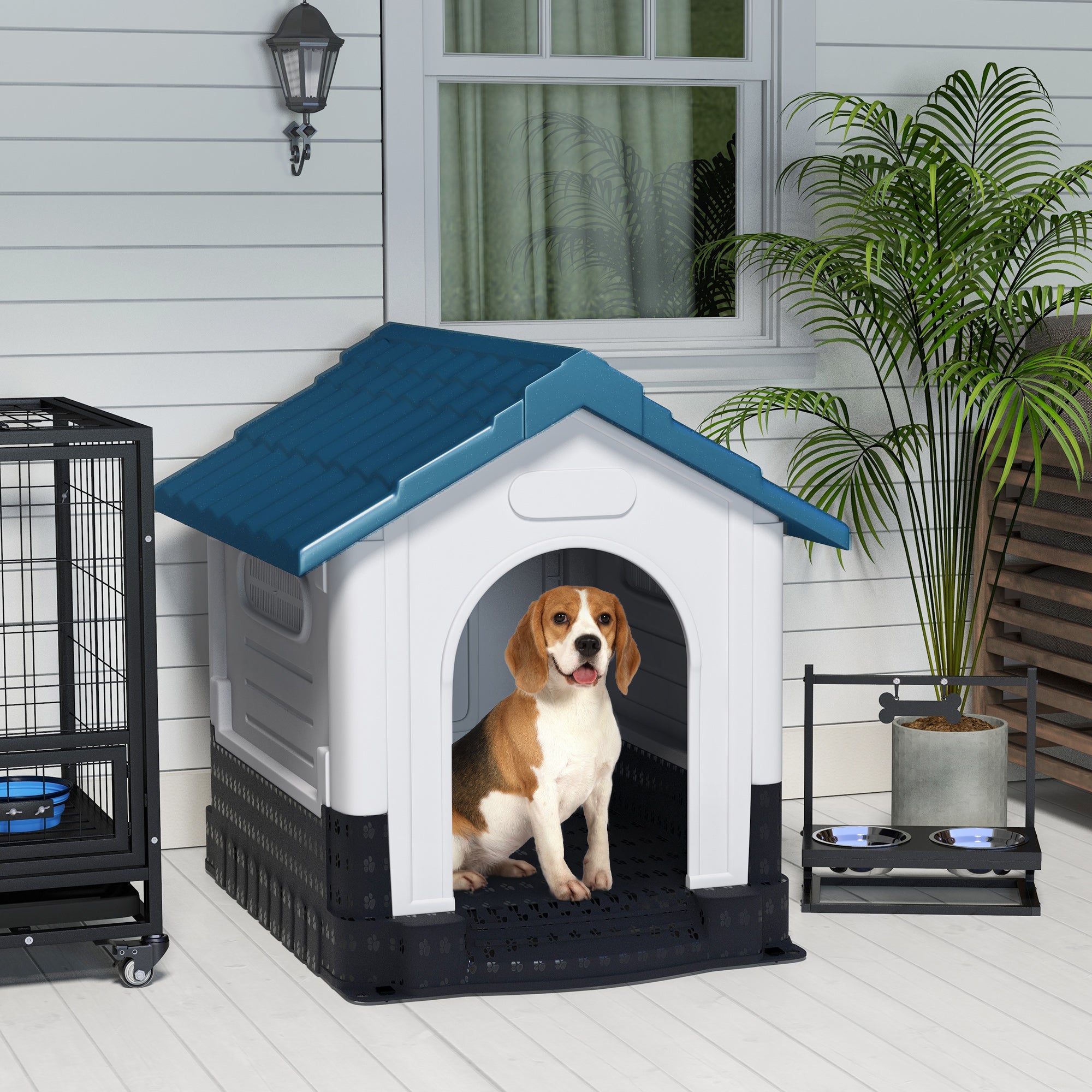 PawHut Plastic Dog Kennel with Windows, for Garden Patio, Medium and Large Dogs, 101 x 88 x 99cm - Blue - North Peak Garden Furniture