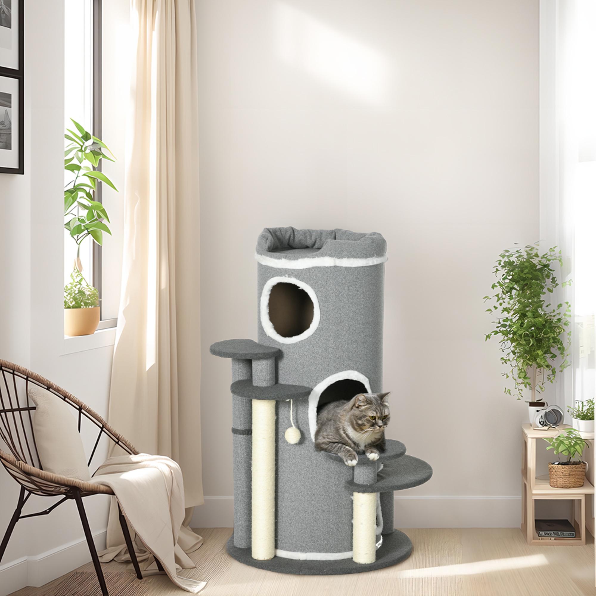PawHut Barrel Shaped Cat Tree with Sisal Scratching Posts, Cat Bed, Platforms, Hanging Ball, Grey, Grey - North Peak Garden Furniture