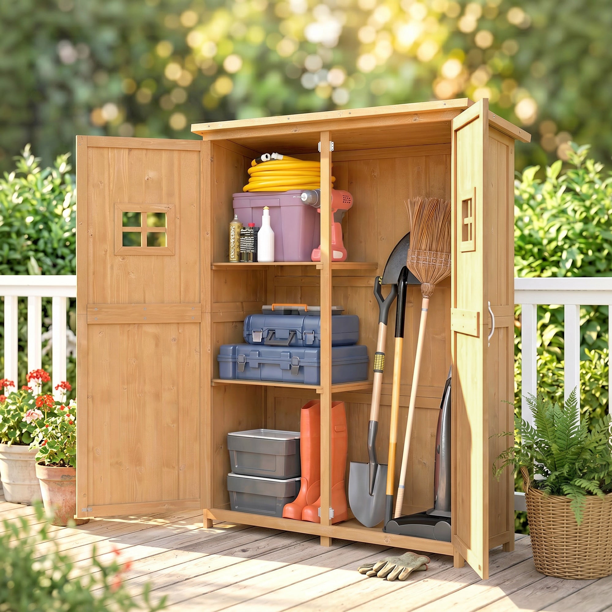 Outsunny Wooden Garden Shed with Two Windows, Tool Storage Cabinet, Outdoor Double Door Organizer 127.5L x 50W x 164H cm, Natural