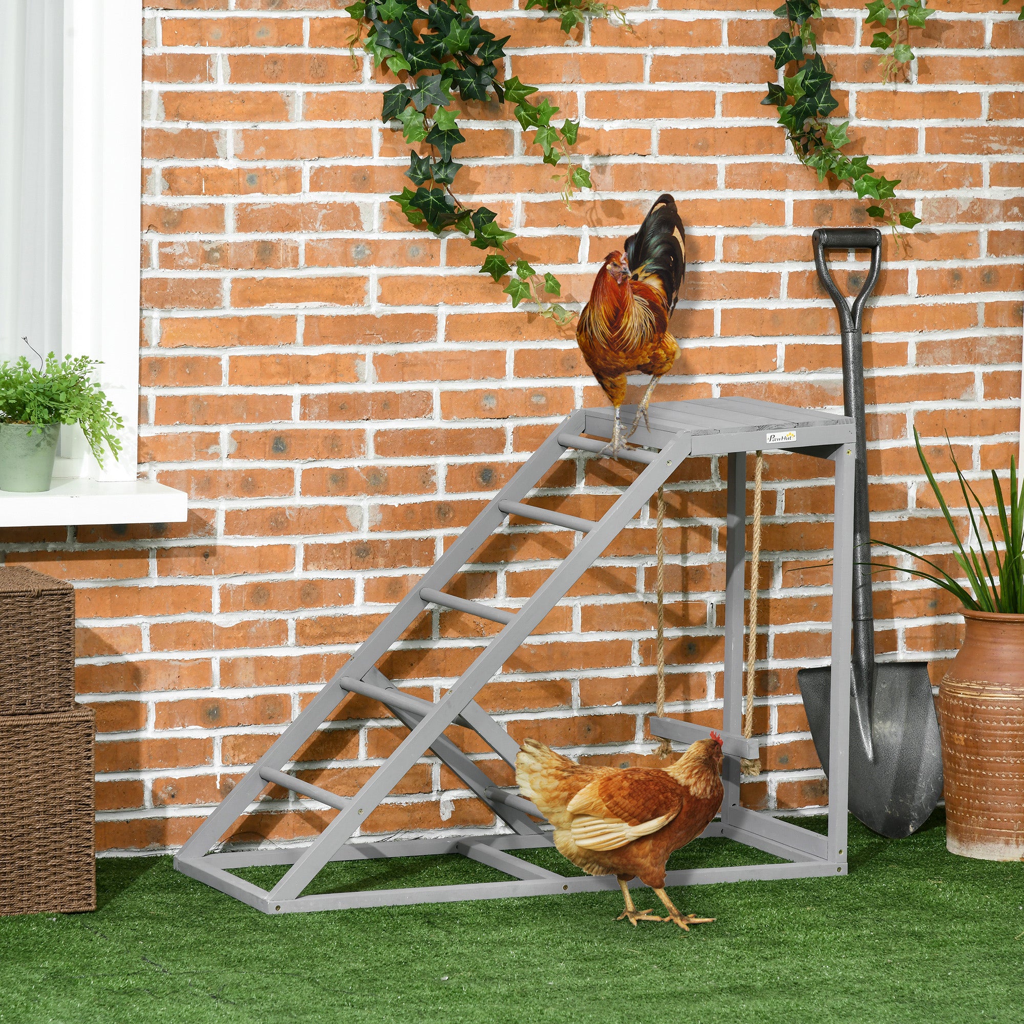 PawHut Wooden Chicken Coop Toy with Swing, Ladder, Platform, Grey - North Peak Garden Furniture