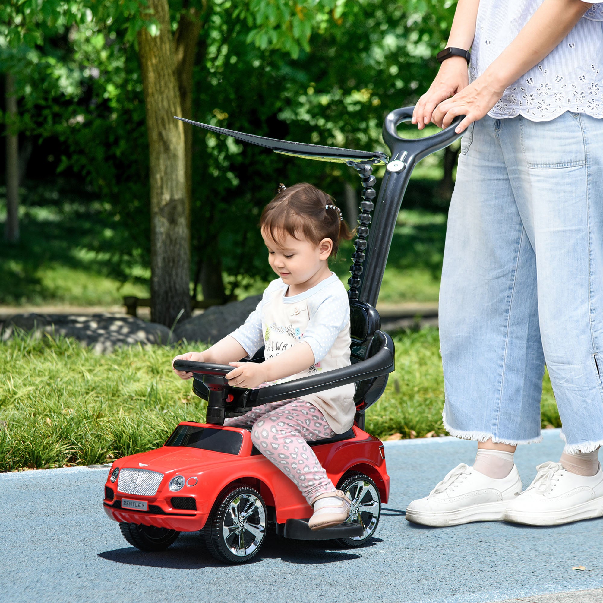 AIYAPLAY Bentley Bentayga Licensed 3-in-1 Baby Push Car, Ride on Car Sliding Car with Canopy, Horn Music - Red - North Peak Garden Furniture