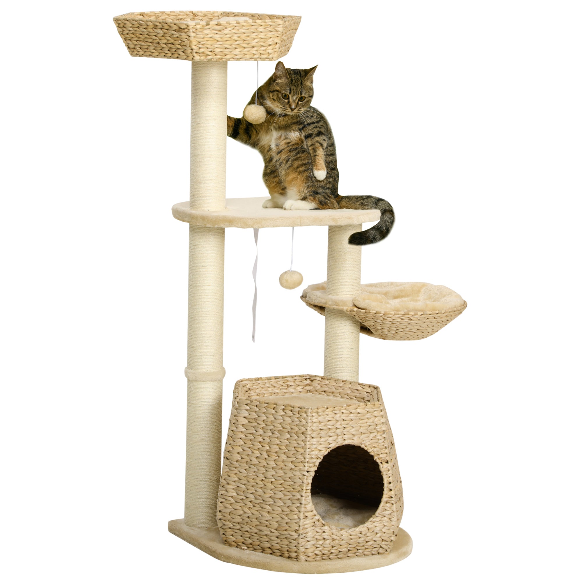 PawHut Cat Tree Activity Centre, with Cattail, Bed, Cat House, Sisal Post, Ball - Natural Tone - North Peak Garden Furniture