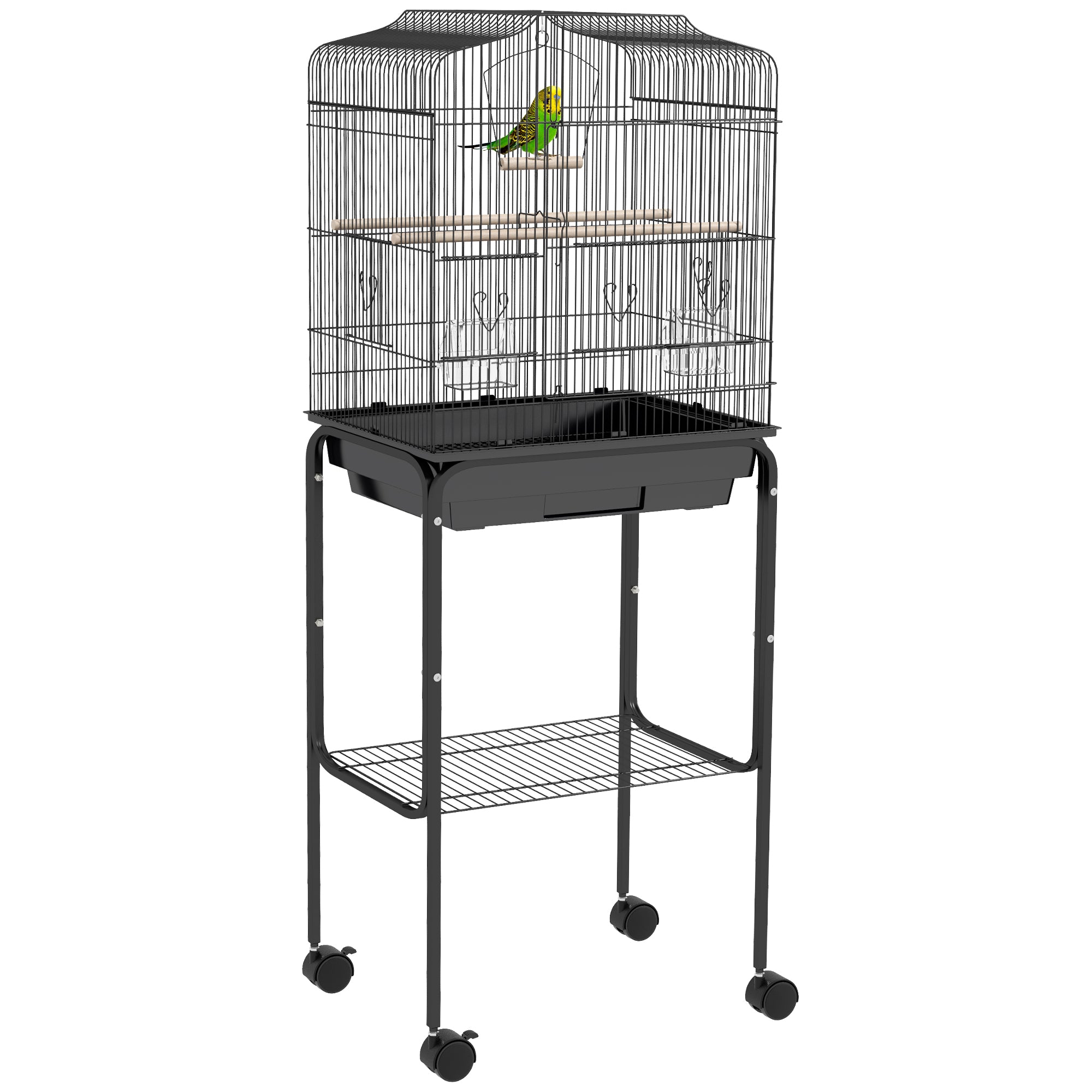 PawHut Bird Cage Budgie Cages for Finch Canary Parakeet with Stand Wheels Slide-out Tray Accessories Storage Shelf, Black - North Peak Garden Furniture