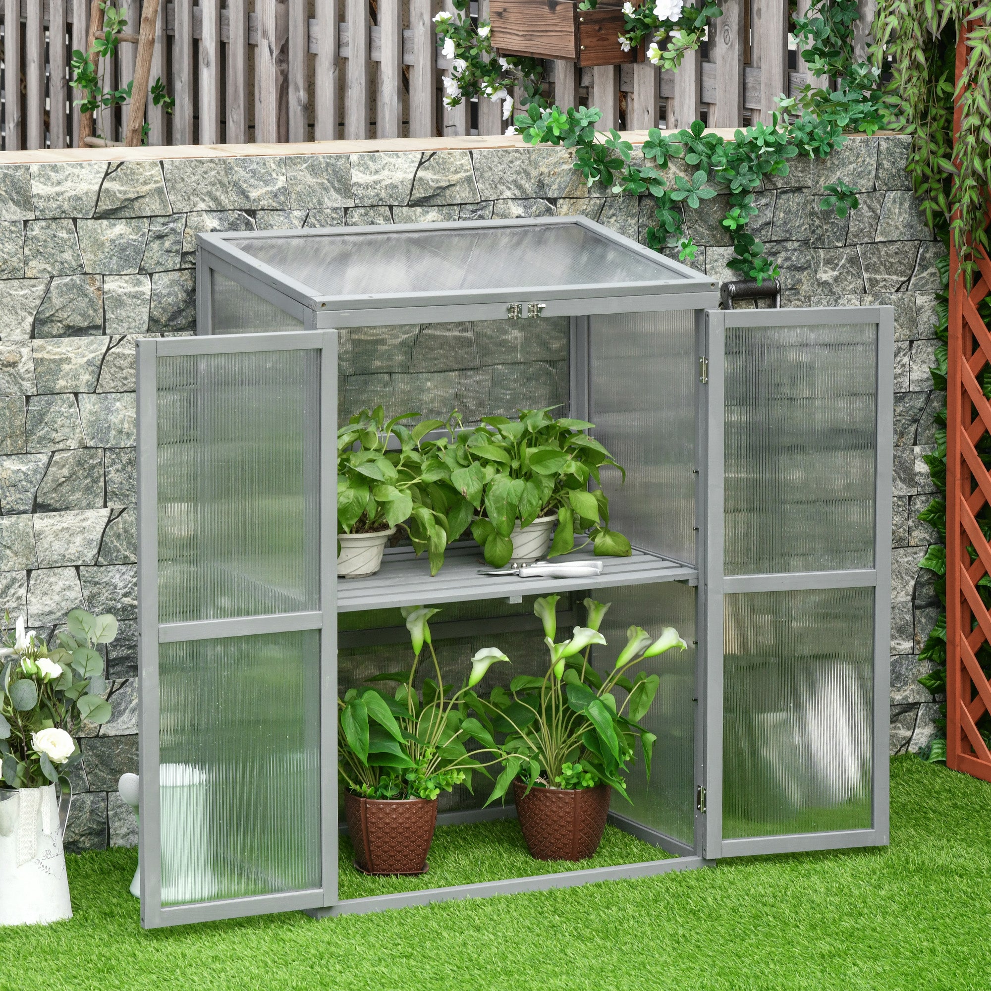Outsunny Wooden Cold Frame Greenhouse Polycarbonate Garden Grow House for Flower Vegetable Plants with Adjustable Shelf, Double Doors, 76 x 47 x 110cm, Light Grey - North Peak Garden Furniture