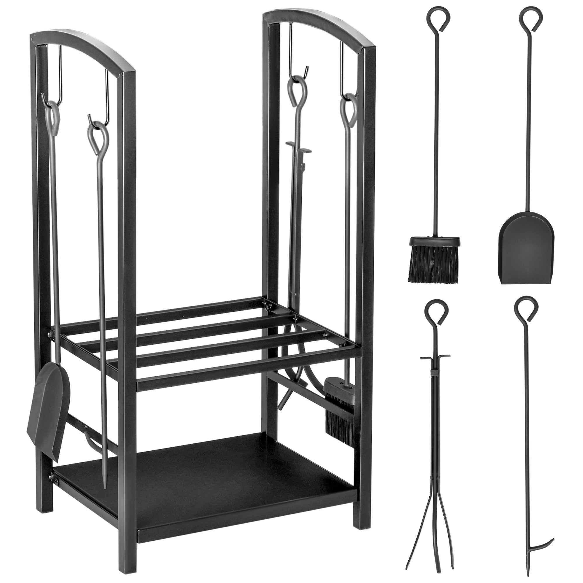 Outsunny Metal Firewood Log Holder 2 Layer Firewood Rack Indoor Outdoor Fireplace Wood Storage Shelf with 4 Tools and Hooks, Black, 40L x 30W x 74.5H cm - North Peak Garden Furniture