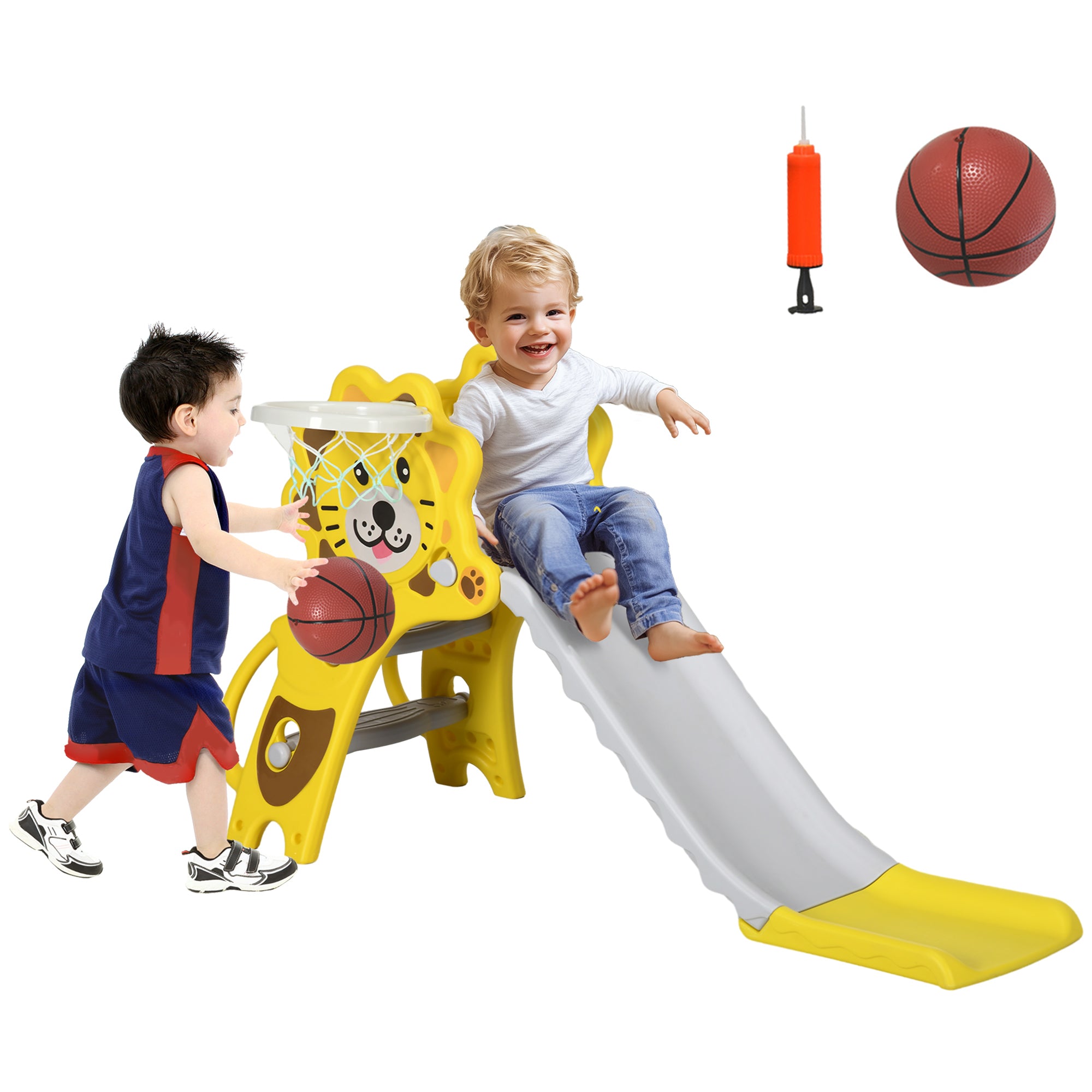 AIYAPLAY Baby Slide with Basketball Hoop, Easy to Assemble Kids Slide for Indoor Use, for Ages 18-36 Months - Yellow - North Peak Garden Furniture