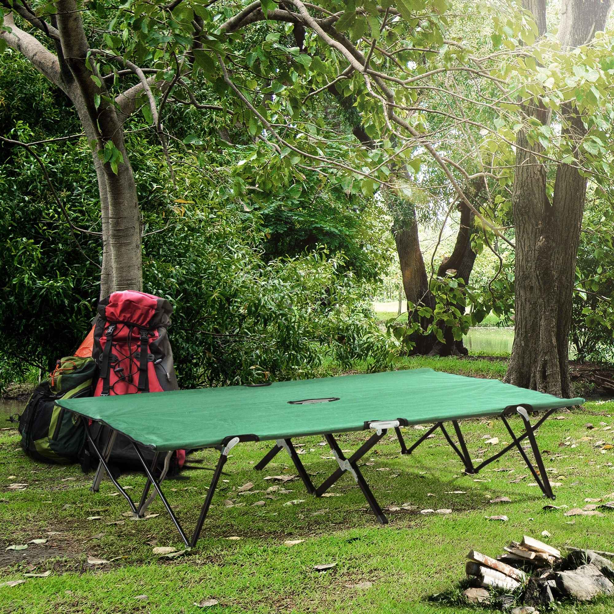 Outsunny Double Camping Bed Camping Cot Foldable Sunbed Outdoor Patio Sleeping Bed Super Light with Carry Bag (Green)