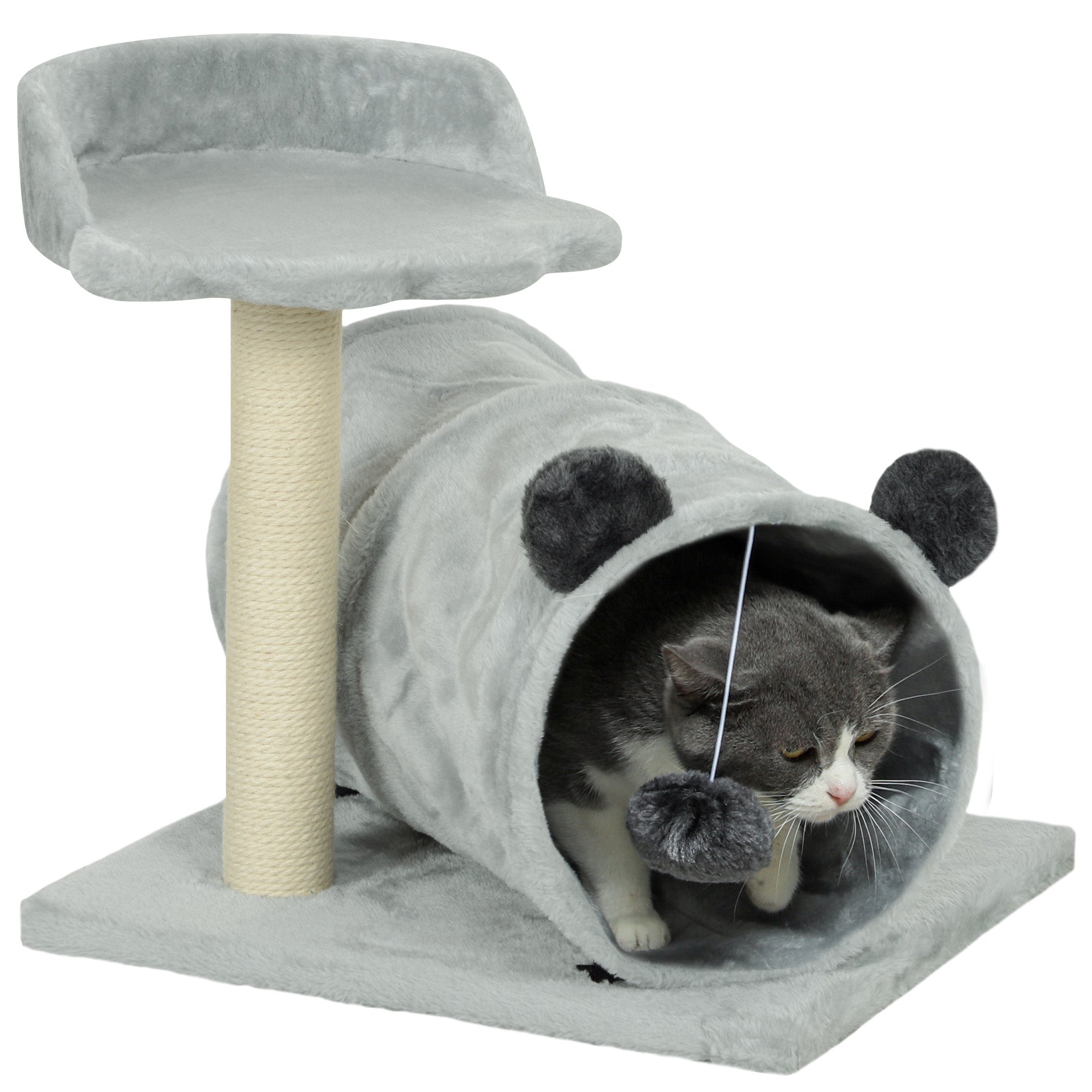 PawHut 47cm Small Cat Tree w/ Scratching Post, Bed, Cat Tunnel, Toy Ball, Grey - North Peak Garden Furniture