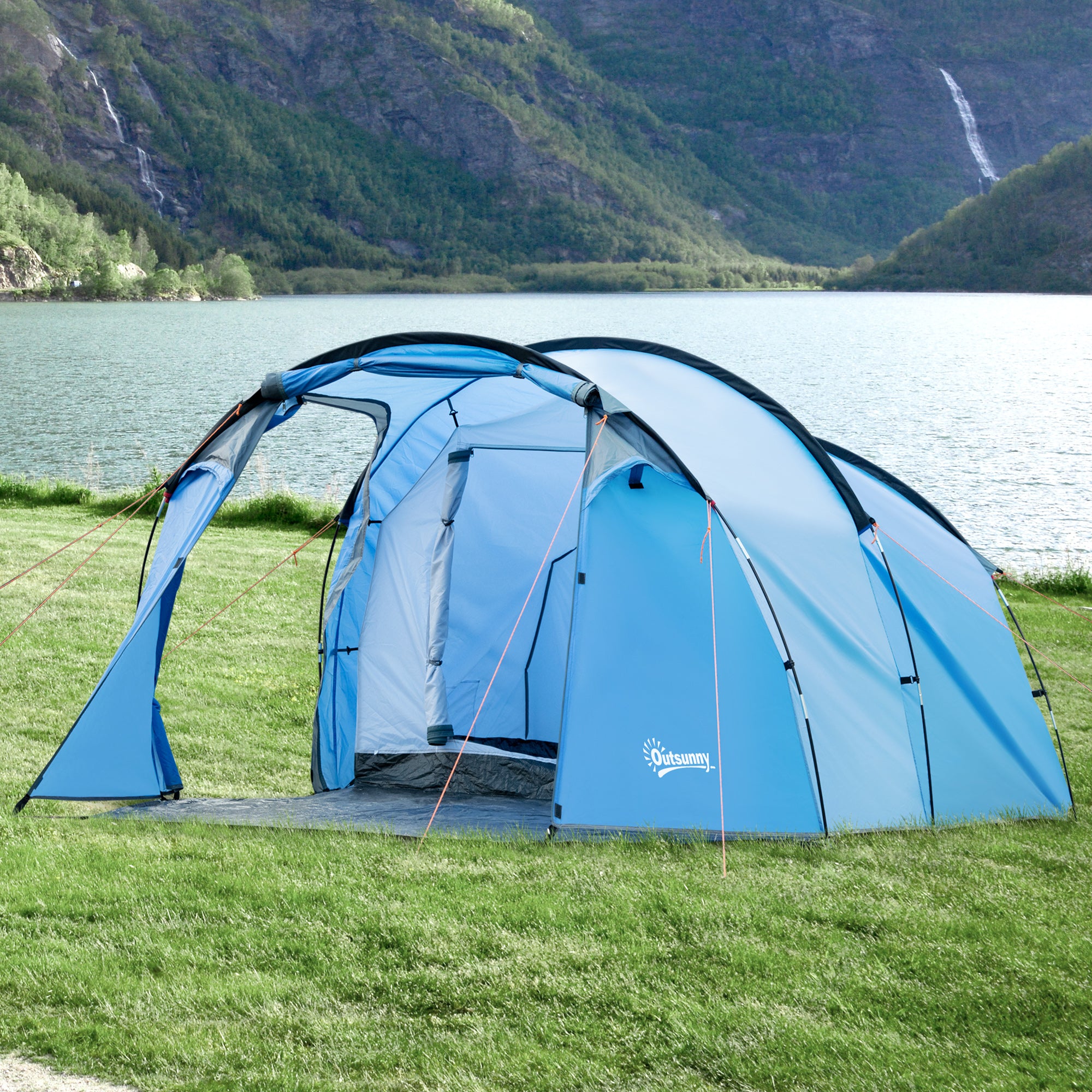 Outsunny 2-3 Man Tunnel Tents w/ Vestibule Camping Tent Porch Air Vents Rainfly Weather-Resistant Shelter Fishing Hiking Festival Shelter Home - North Peak Garden Furniture