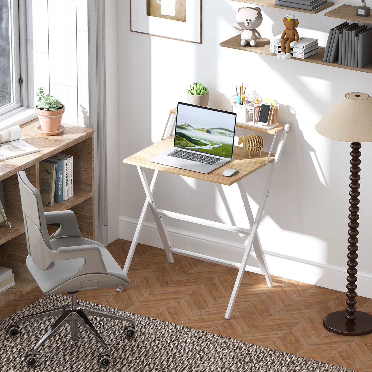 HOMCOM 70 cm Folding Computer Desk with Monitor Shelf - Natural Wood Finish
