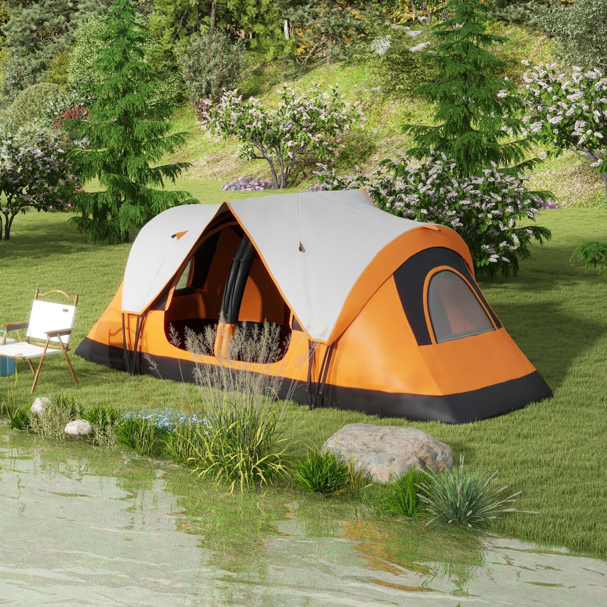 Outsunny Six-Man Tent, with Two Rooms, Small Rainfly and Accessories - Orange - North Peak Garden Furniture