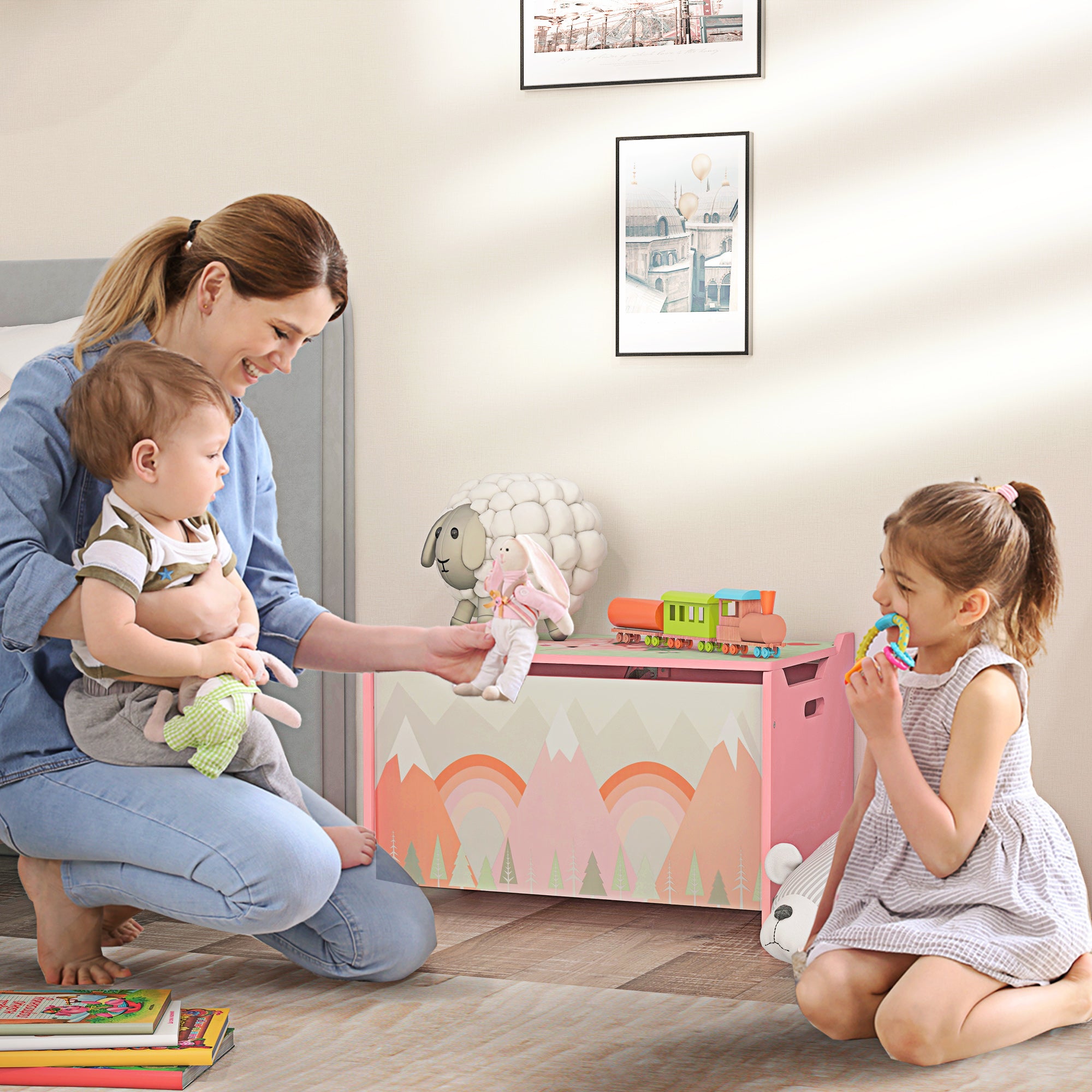 ZONEKIZ Toy Box, Kids Storage Chest, with Lid, Safety Hinge - Pink - North Peak Garden Furniture