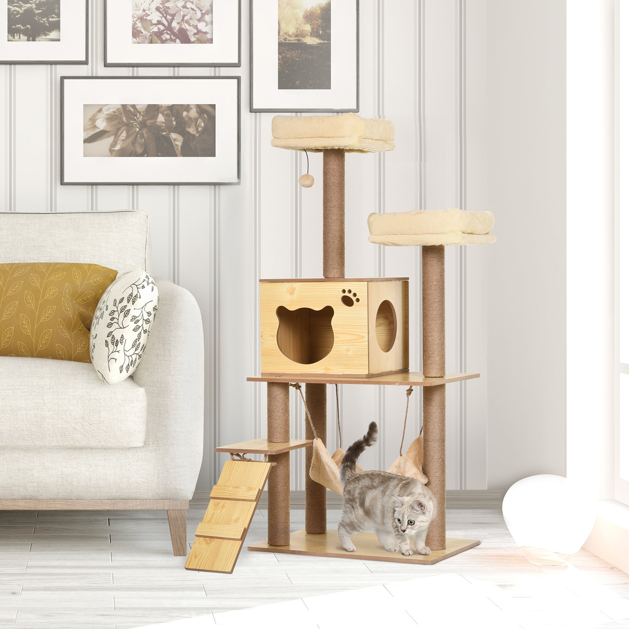 PawHut 130cm Cat Tree for Indoor Cats, Multi-Level Plush Cat Tower, with Five Scratching Posts, Two Perches, Cat House, Hammock - North Peak Garden Furniture