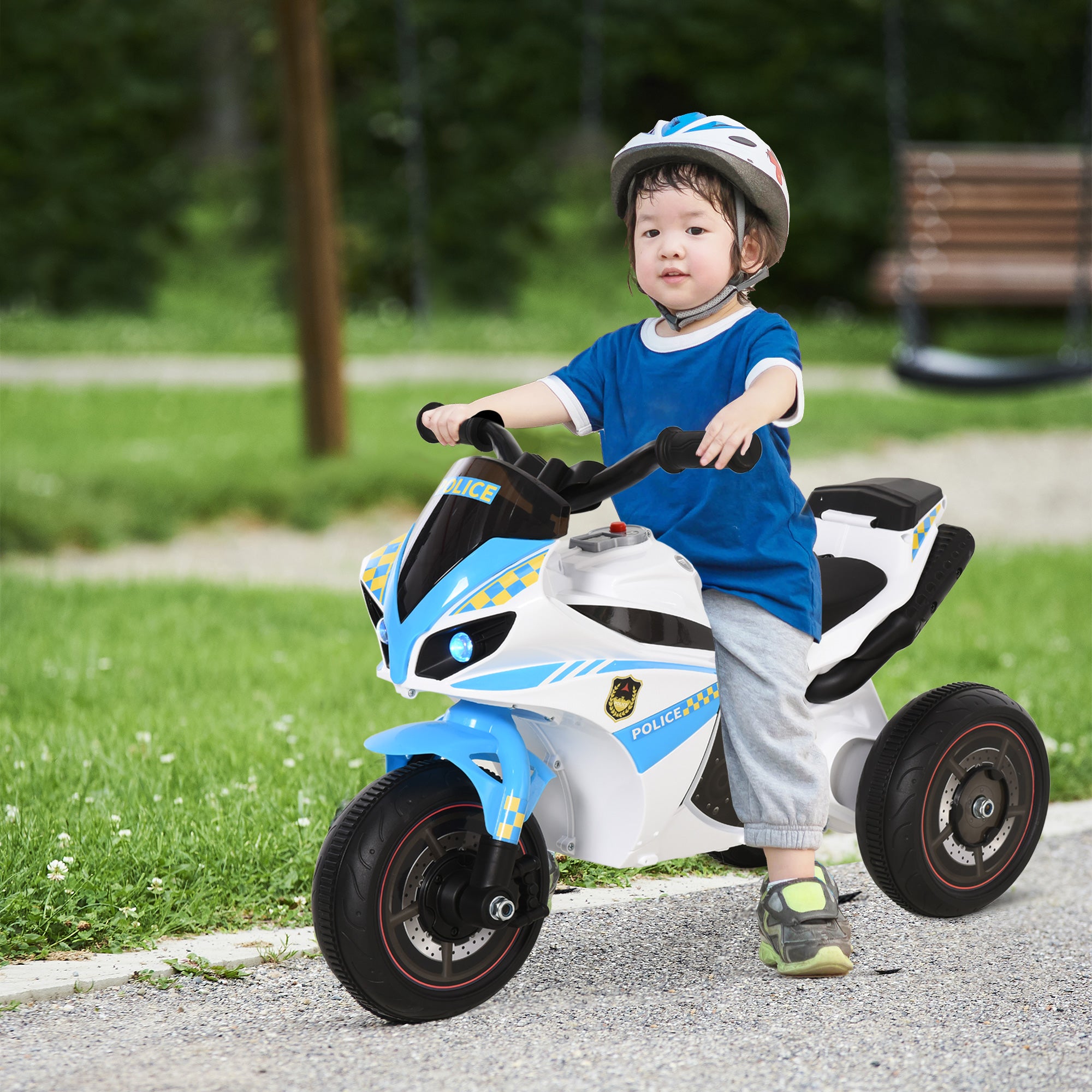 HOMCOM Kids Ride-On Police Bike 3-Wheel Vehicle w/ Music Lights Safe Seat Handlebars Toddler NO POWER Child Learning Fun Development 18-36 Months Blue - North Peak Garden Furniture