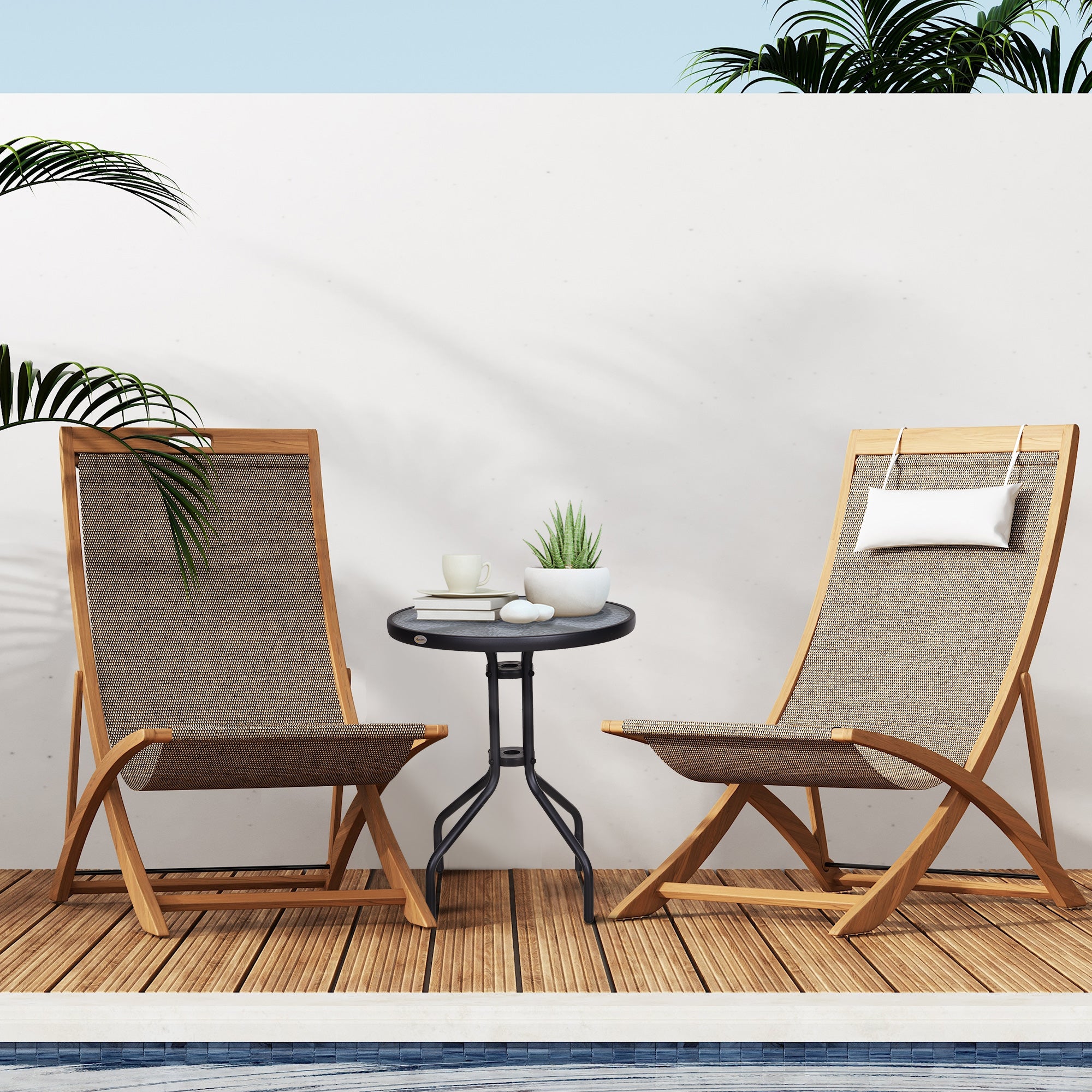Outsunny Bistro Coffee Table Outdoor Tempered Glass Top Table Garden Round Dining Table - 60cm Diameter - North Peak Garden Furniture