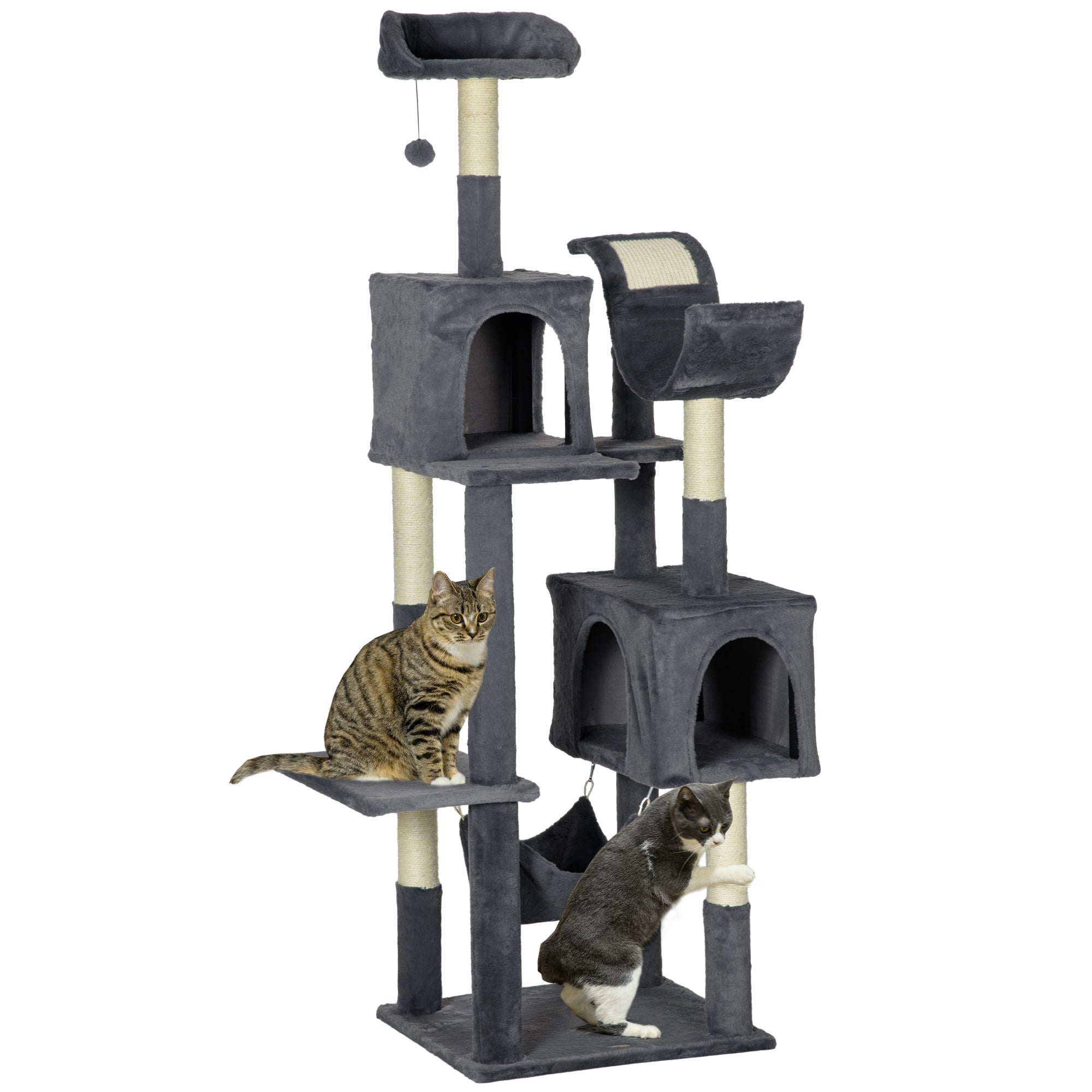 PawHut 177cm Cat Tree with Scratching Post, Hammock, Cat House - Dark Grey - North Peak Garden Furniture