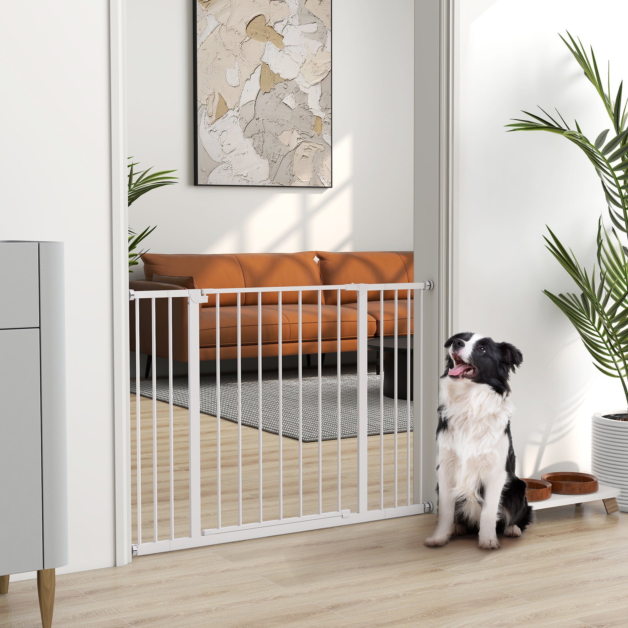 PawHut Dog Gate Pet Safety Gate Stair Barrier Pressure Fit Adjustable 76-82/86-97/101-107 cm, White - North Peak Garden Furniture
