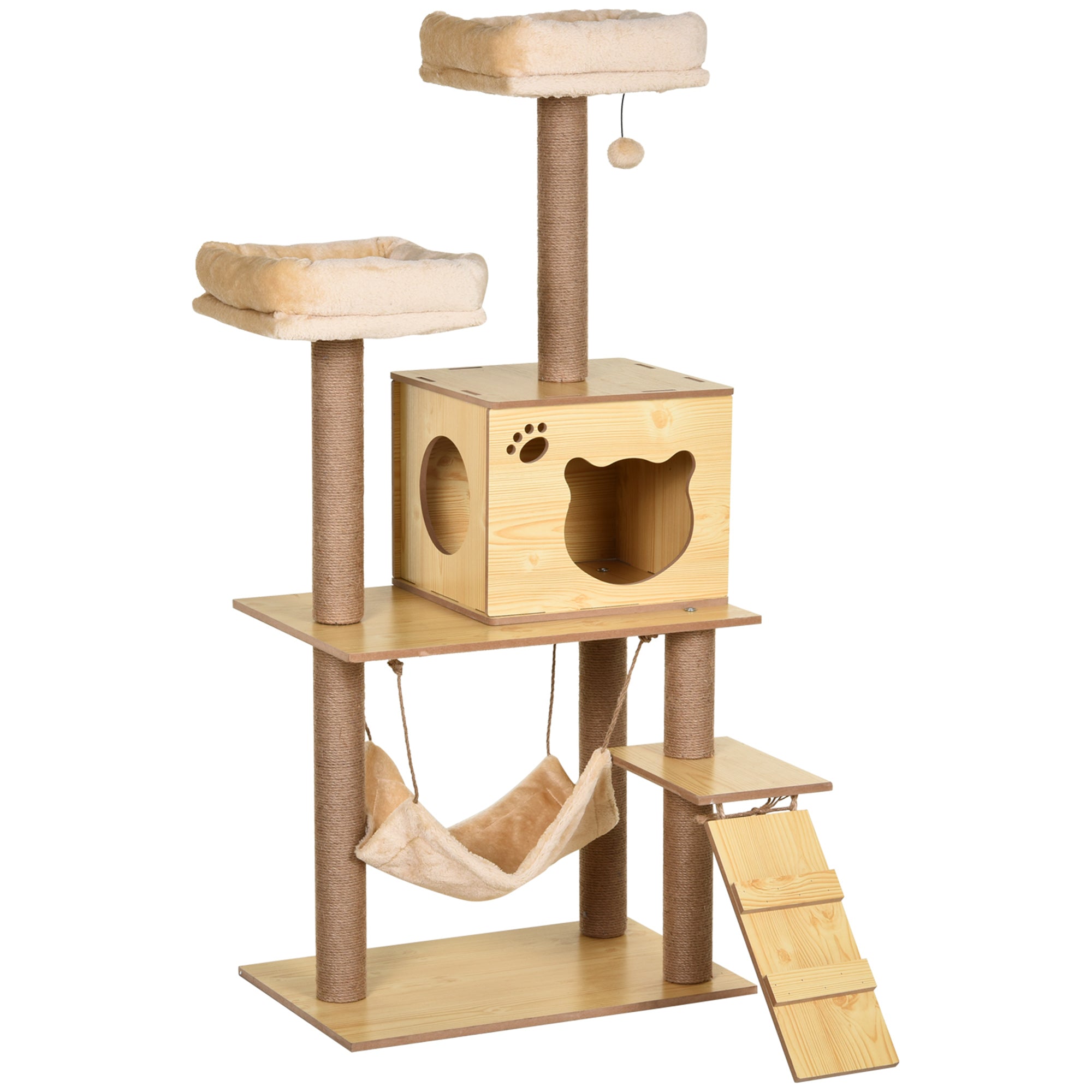 PawHut 130cm Cat Tree for Indoor Cats, Multi-Level Plush Cat Tower, with Five Scratching Posts, Two Perches, Cat House, Hammock - North Peak Garden Furniture