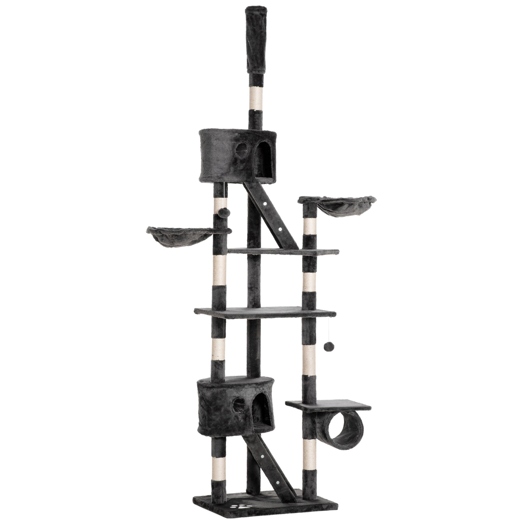 PawHut Floor-to-Ceiling Cat Tree for Indoor Cats, 240-260cm Adjustable Cat Tree - Dark Grey - North Peak Garden Furniture