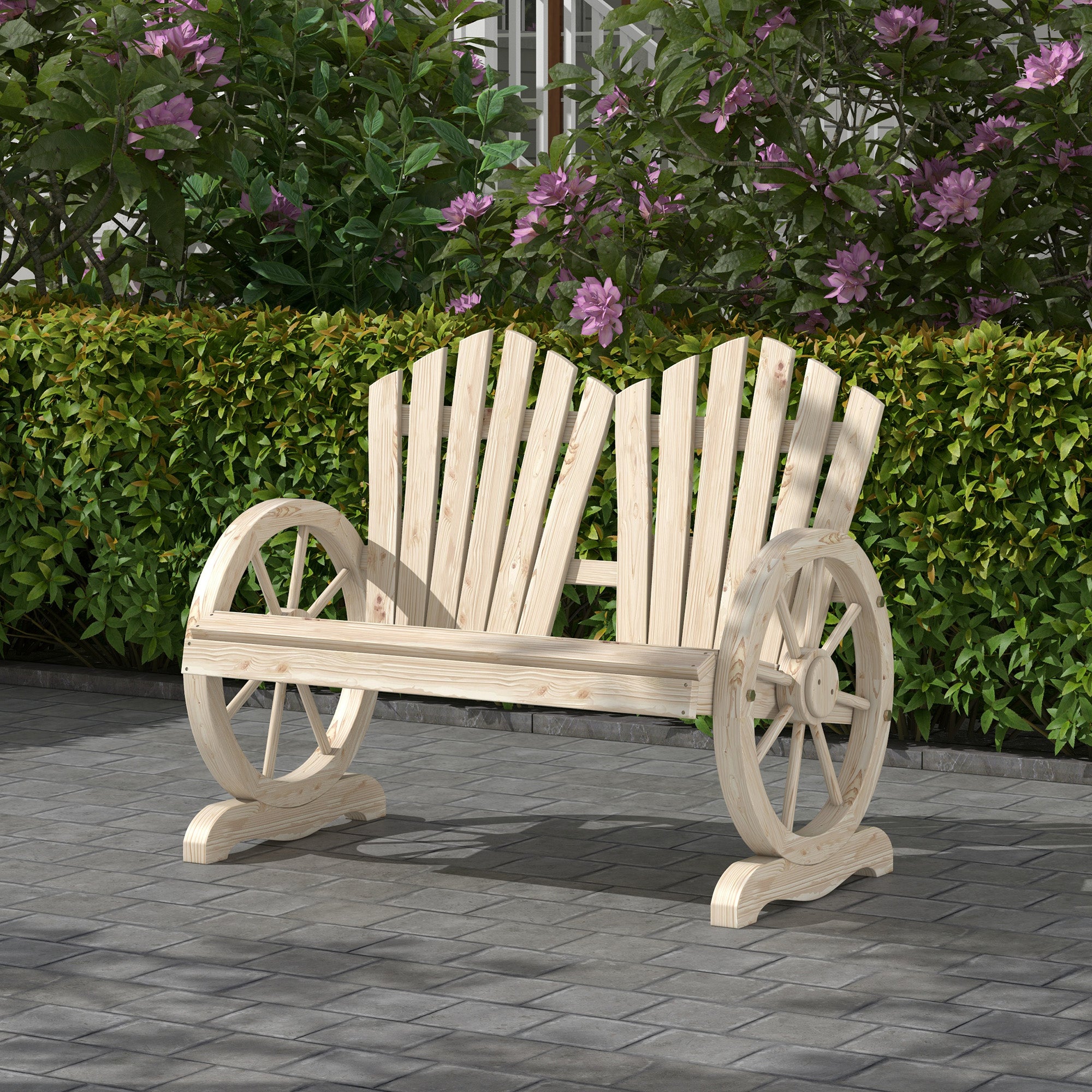 Outsunny Fir Wood Love Seats with Wheel-Shaped Armrests, Large Load-Bearing Chair, Natural Wood Finish