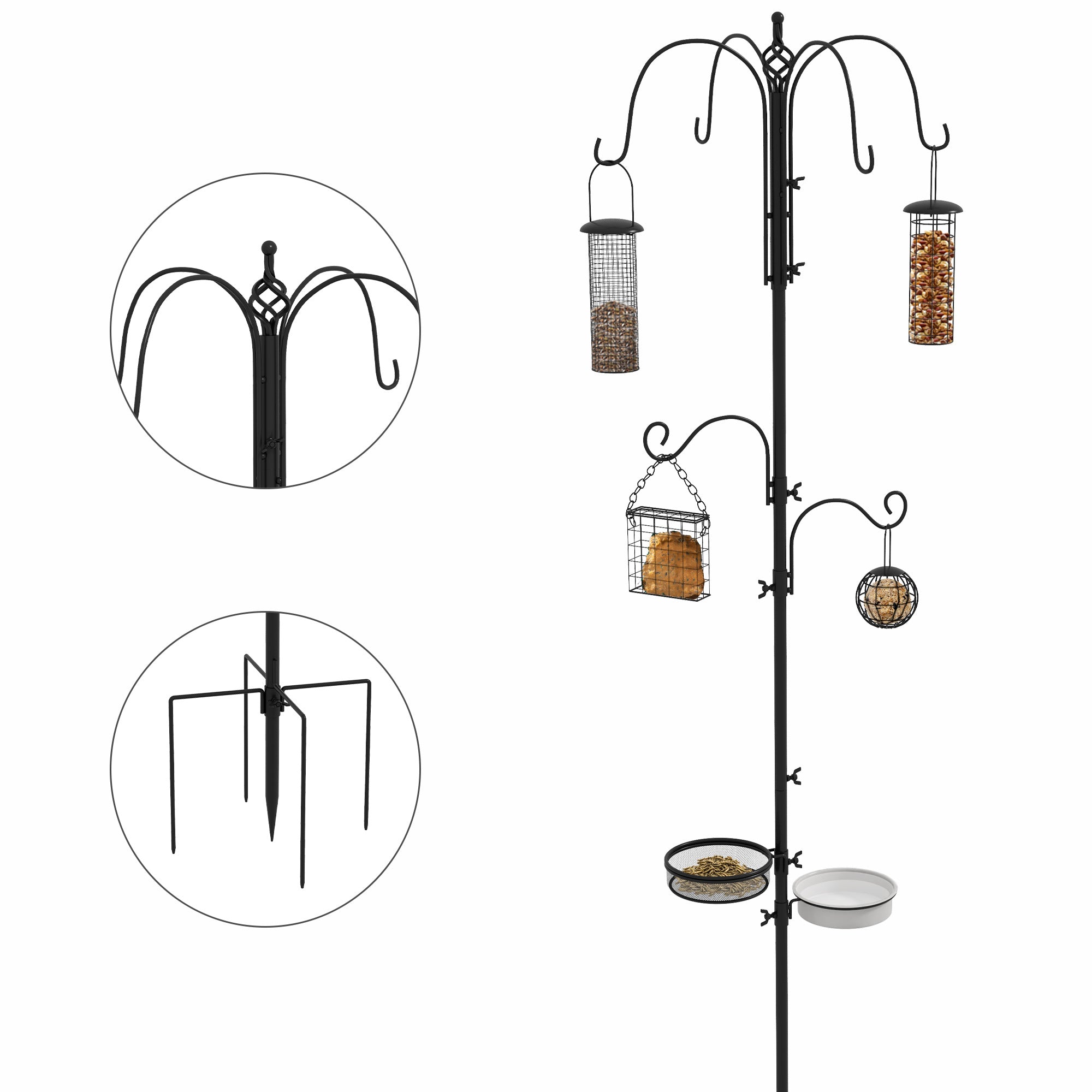 Pawhut Bird Feeding Station Kit, Wild Bird Feeder Pole with 6 Hooks, 4 Hanging Feeders for Peanuts, Seed, Fat Balls, for Garden, Outdoor, Black - North Peak Garden Furniture