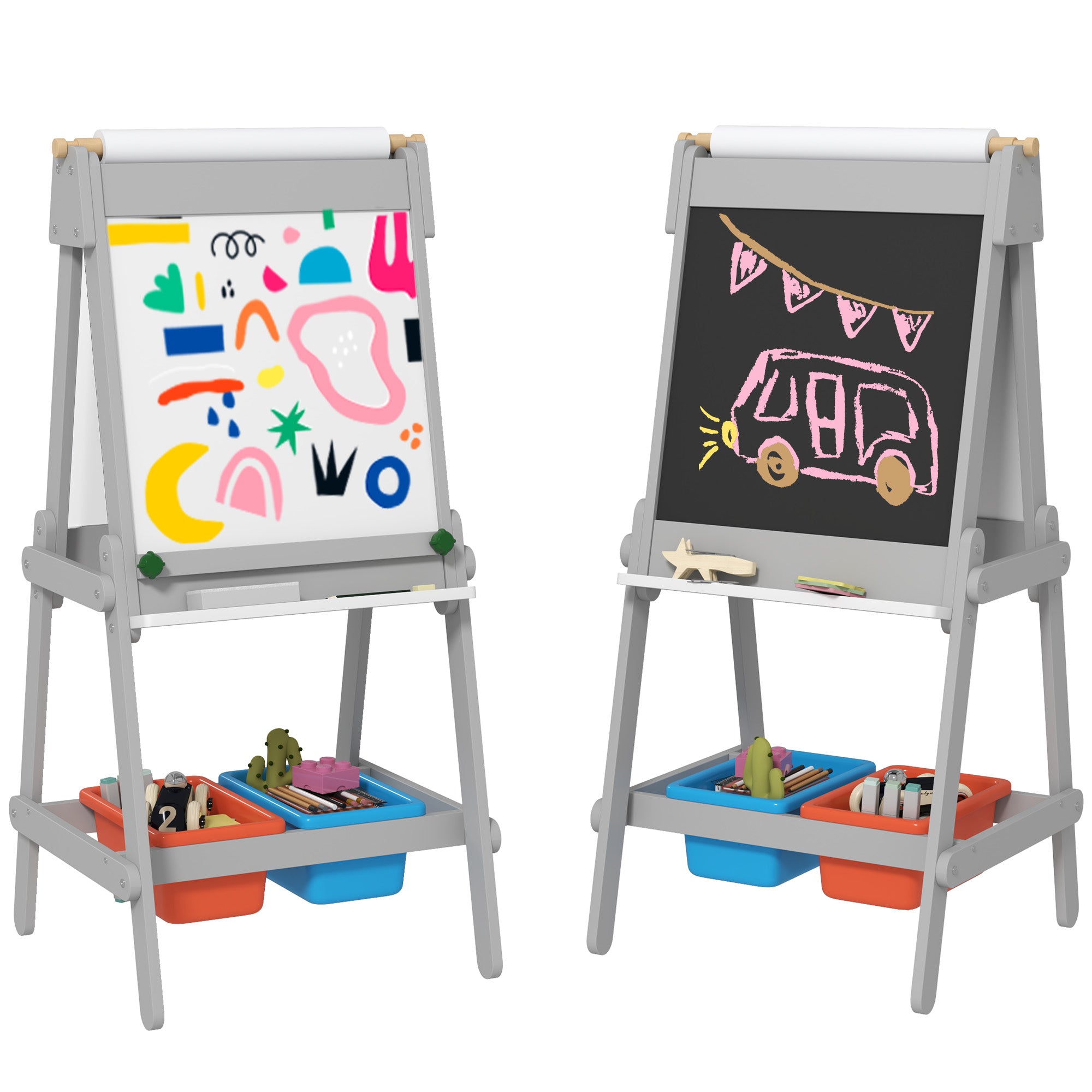 AIYAPLAY Art Easel for Kids with Paper Roll, Double Sided Painting Easel with Chalk Board, White Board - North Peak Garden Furniture