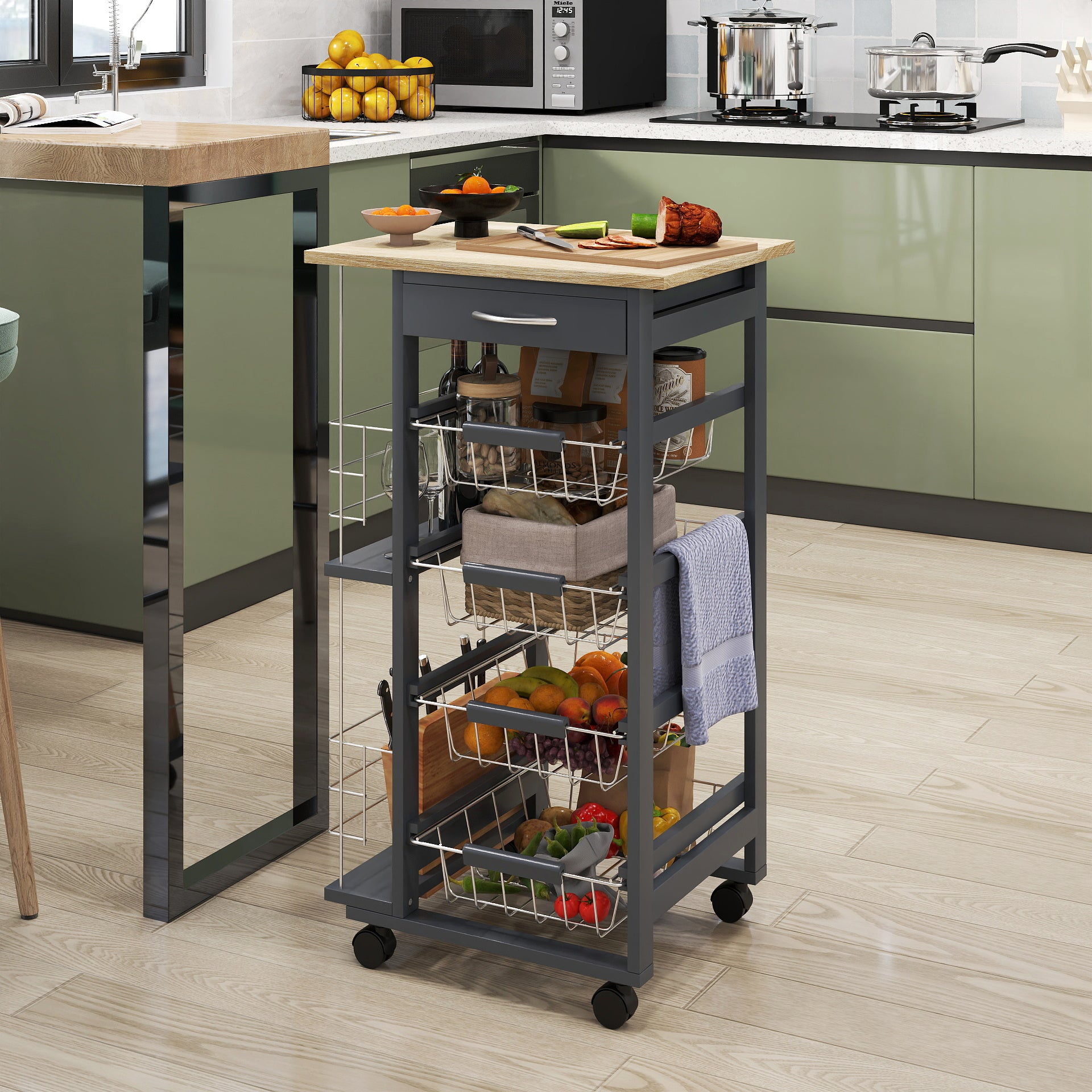 HOMCOM Rolling Kitchen Cart, Utility Storage Cart with 4 Basket Drawers & Side Racks, Wheels for Dining Room, Grey - North Peak Garden Furniture