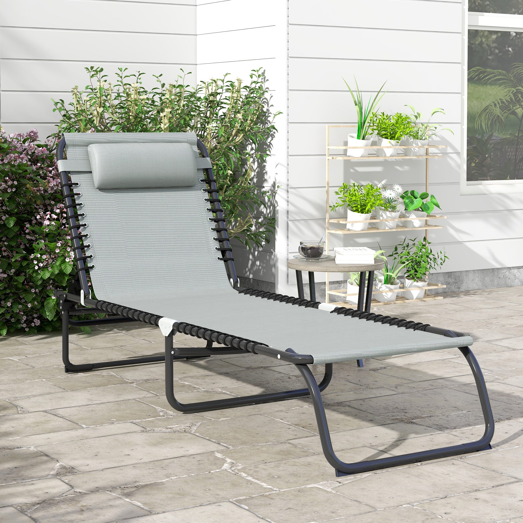 Outsunny Folding Sun Lounger, with Four-Position Back - Light Grey - North Peak Garden Furniture