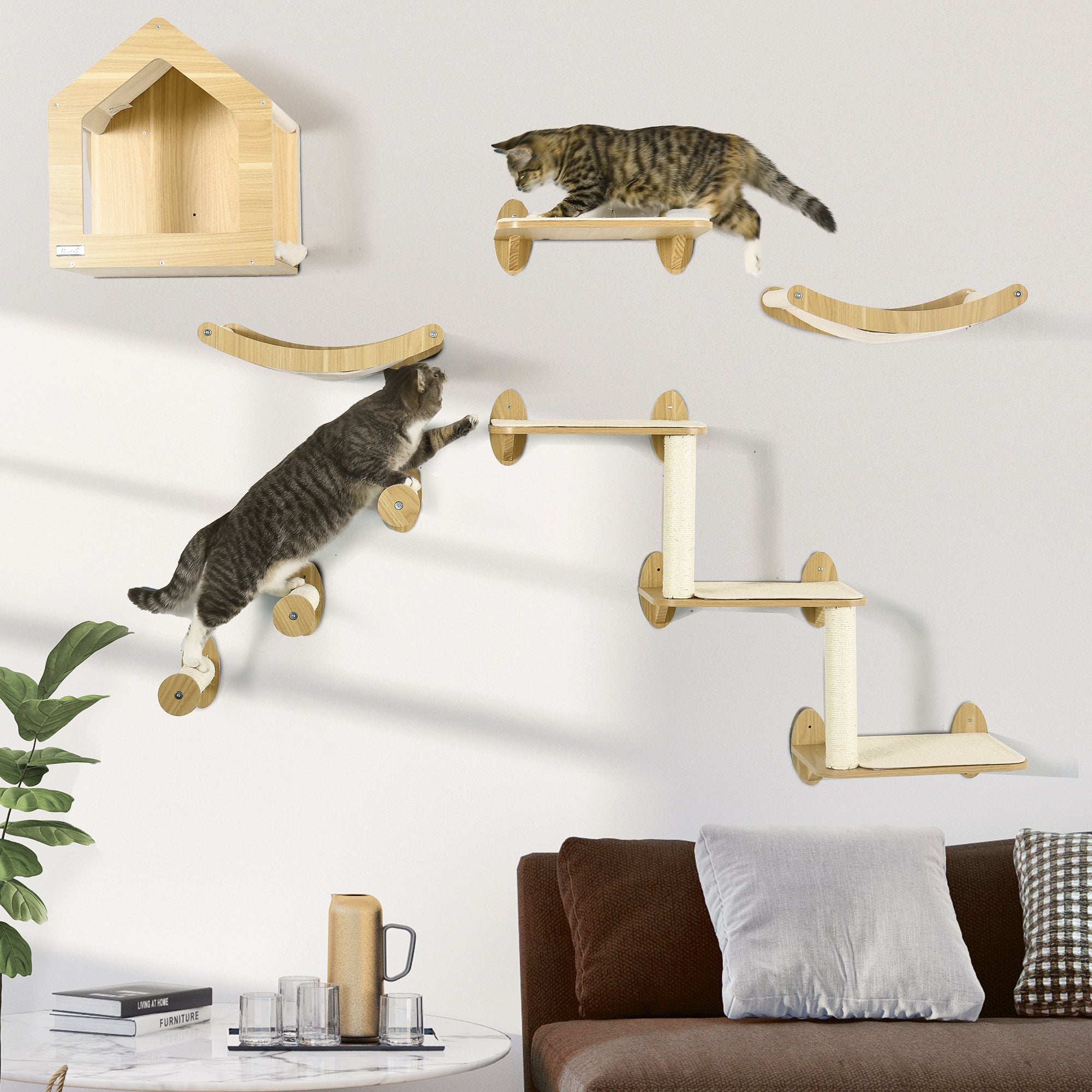 PawHut 8 Piece Cat Shelves Set, with Cat House, Three Perches, Three Scratching Posts - North Peak Garden Furniture