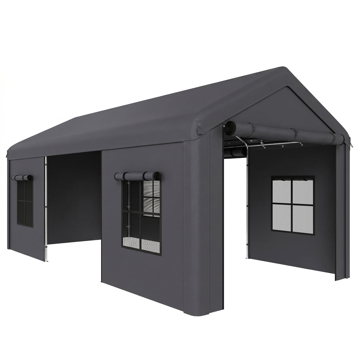 Outsunny 3 x 6 m Heavy Duty Carport, Portable Garage Car Canopy Tent with Galvanised Frame, Doors, Windows, Dark Grey