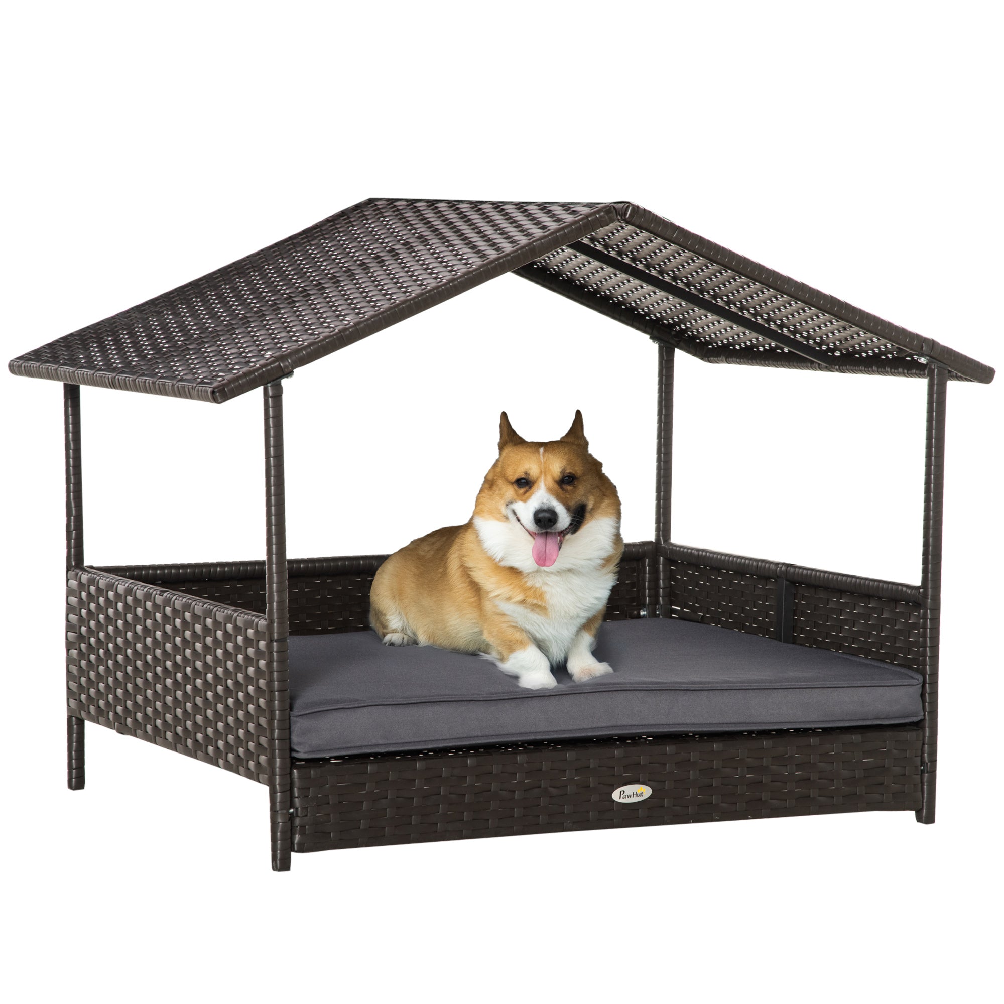 PawHut Wicker Dog Bed, Elevated Rattan Dog House with Removable Cushion and Canopy, for Small and Medium Dogs, 98 x 69 x 70cm - Grey - North Peak Garden Furniture