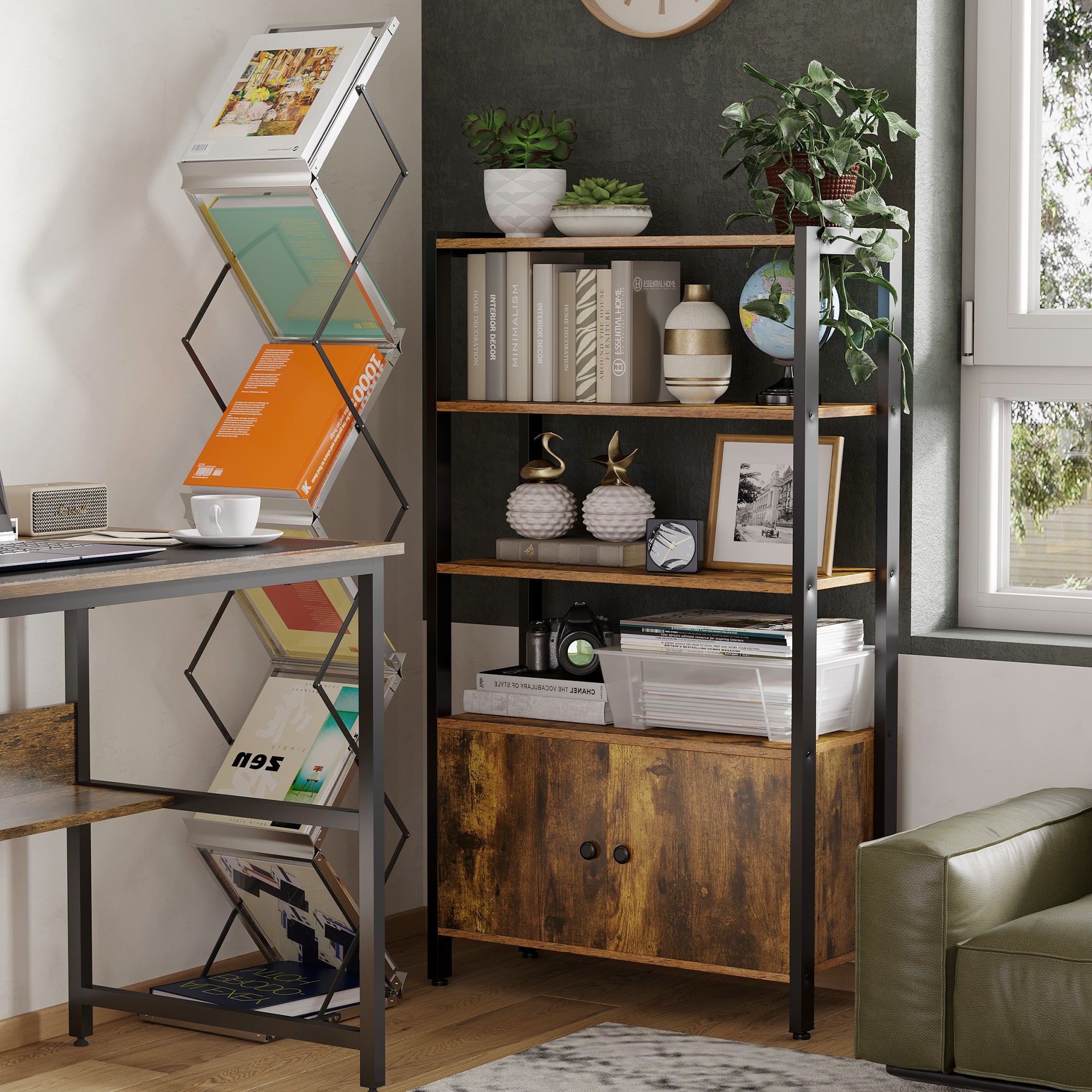 HOMCOM Industrial Bookshelf, Storage Cabinet with 3-Tier with Doors, for Home Office, Living Room Rustic Brown - North Peak Garden Furniture