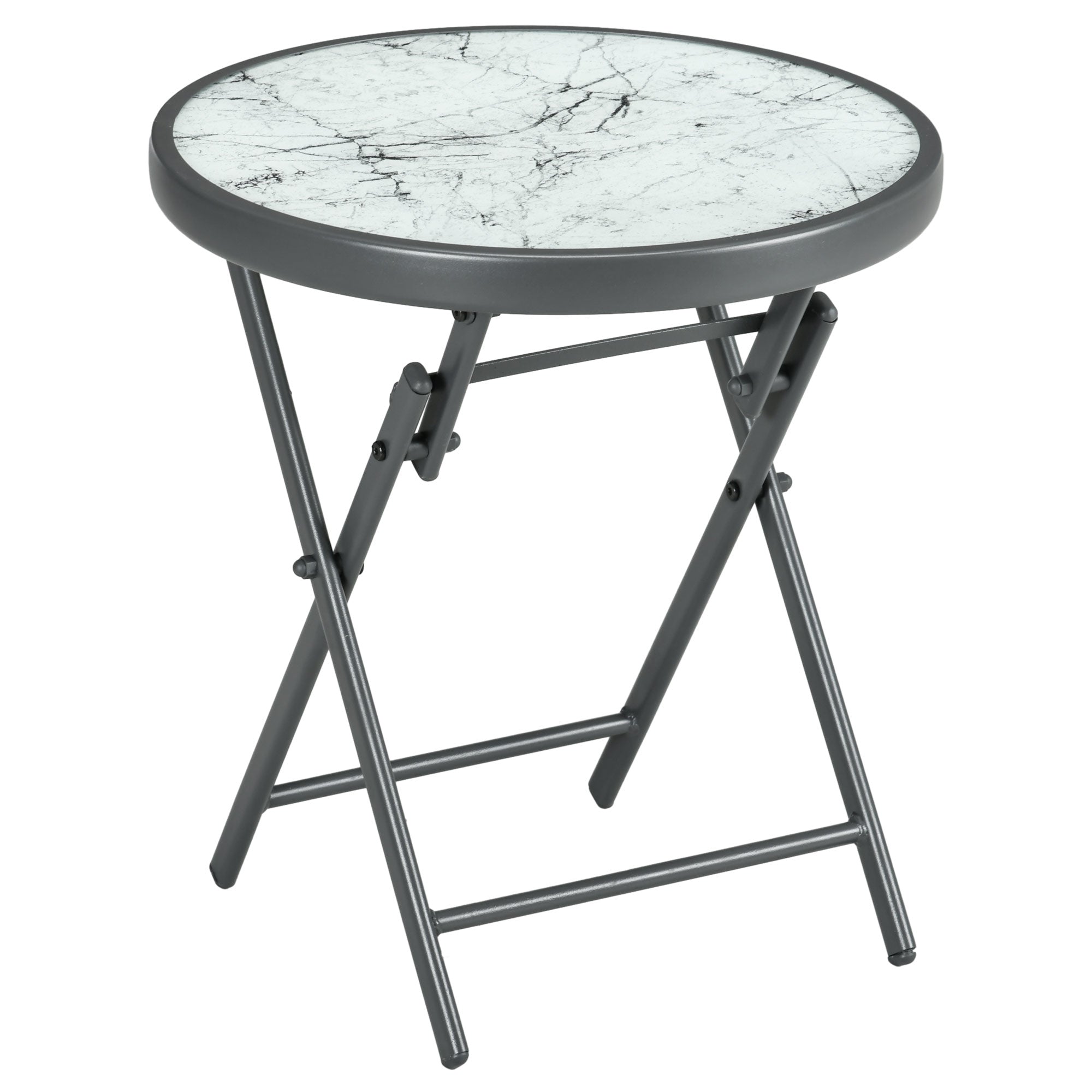 Outsunny Φ45cm Garden Side Table, Outdoor Round Folding Patio Table with Imitation Marble Glass Top, Small Coffee Table, White - North Peak Garden Furniture