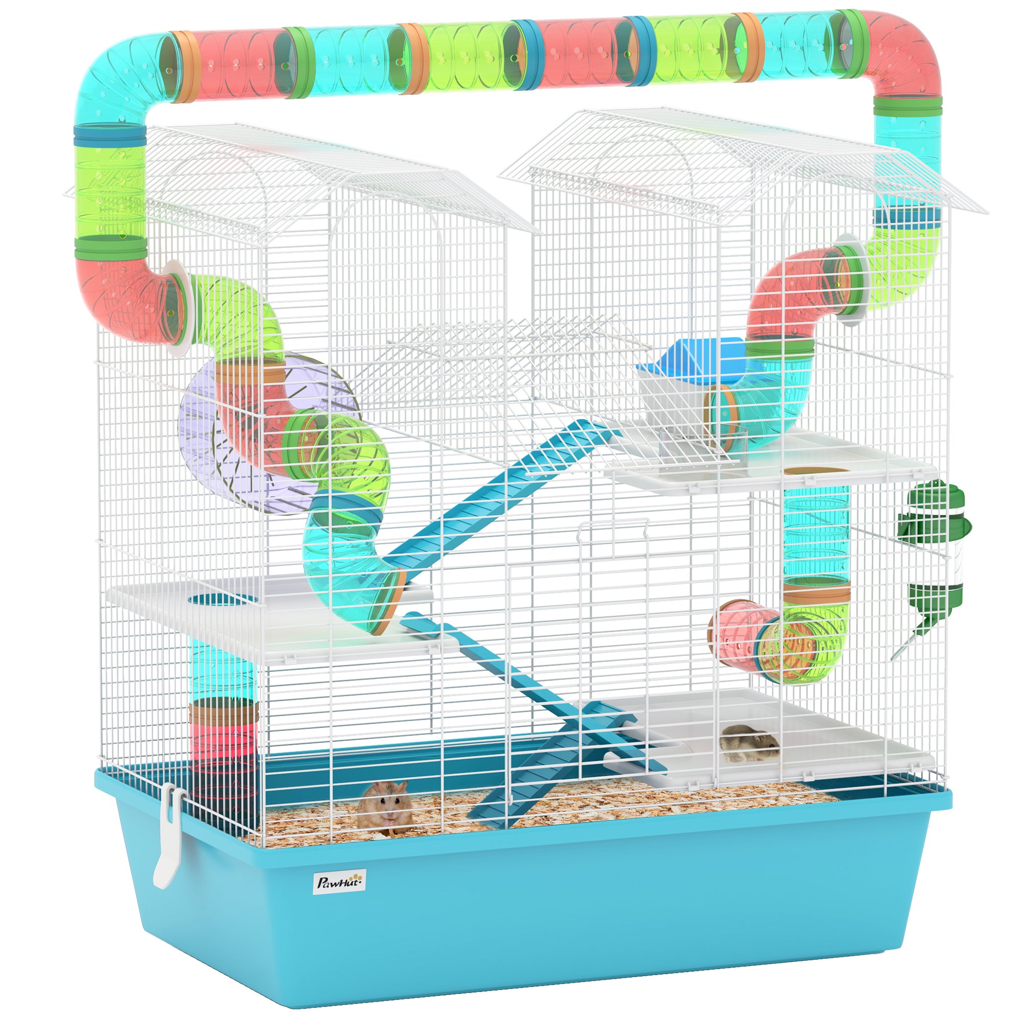 PawHut 4 Tier Hamster Cage w/ Tubes, Exercise Wheel, Hut, Water Bottle, Food Dish, Ramps, for Drawf, 58 x 36 x 65cm, Light Blue - North Peak Garden Furniture
