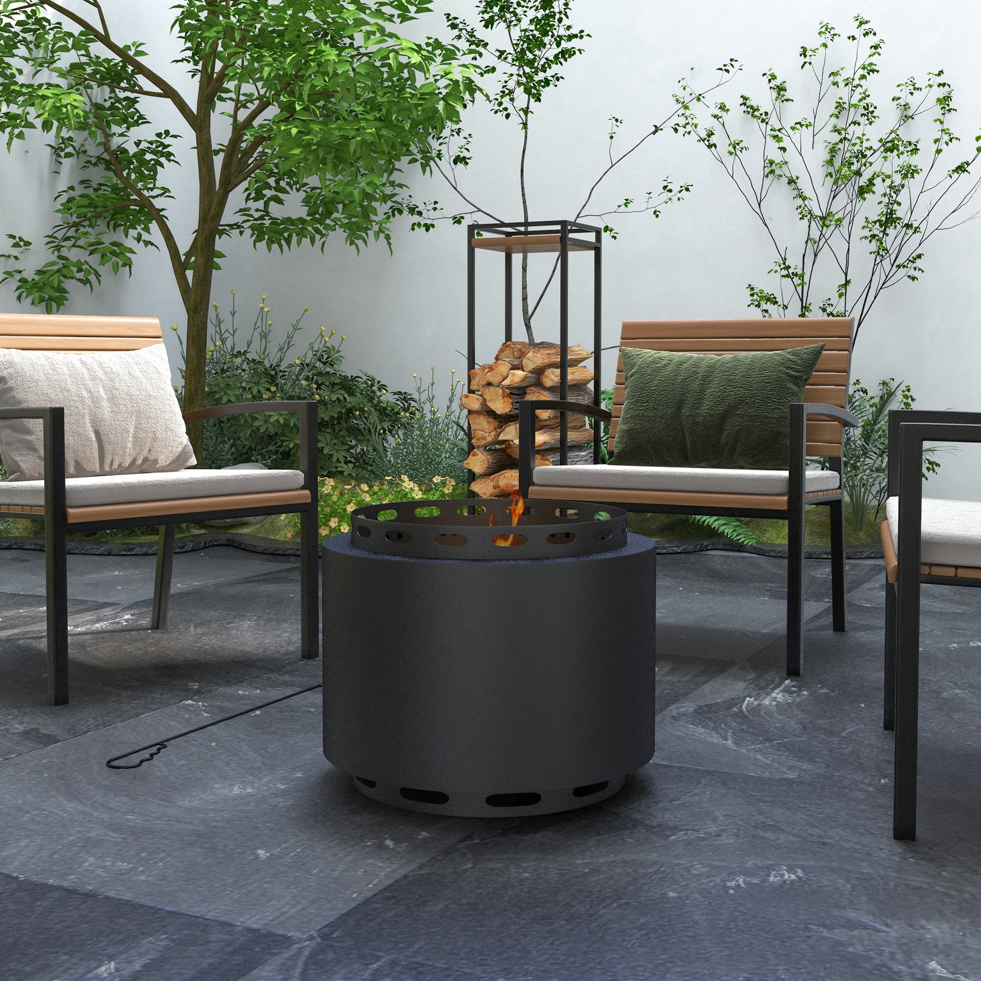 Outsunny Smokeless Fire Pit, 48.5cm Portable Wood Burning Firepit with Poker for Garden Camping Bonfire Party, Metal, Black - North Peak Garden Furniture