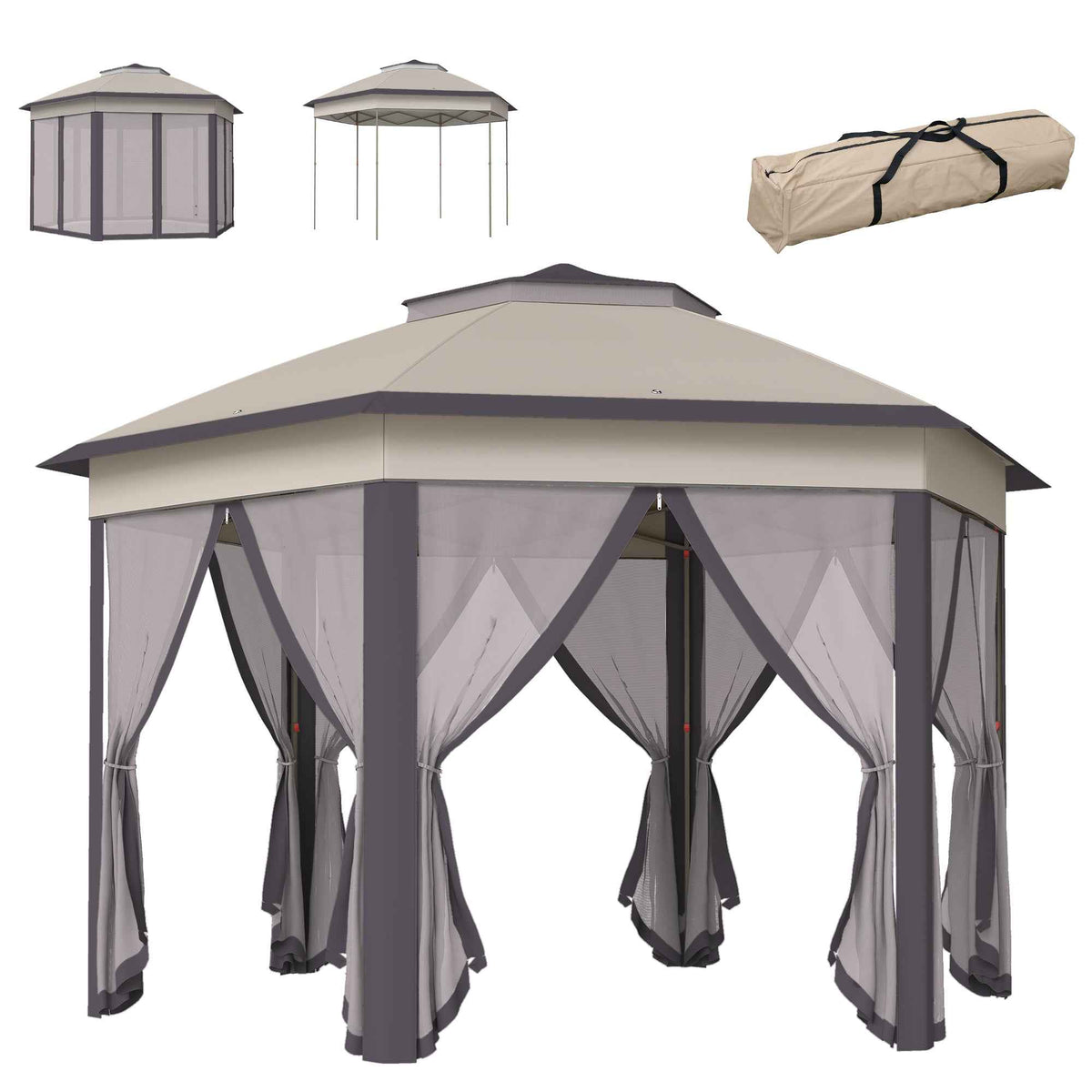 Outsunny Hexagon Garden Gazebo Pop Up Gazebo Outdoor Patio Double Roof Instant Shelter with Netting, 3 x 4m, Beige