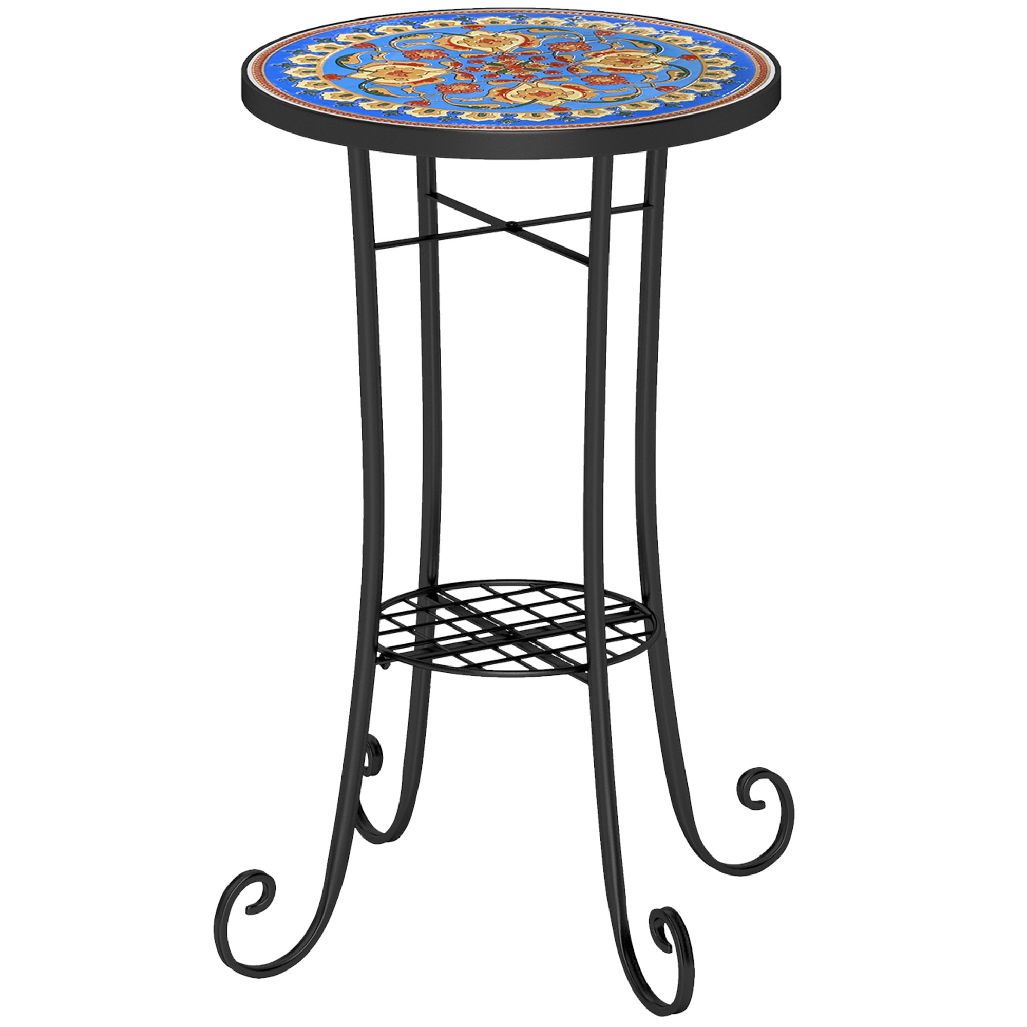 Outsunny Mosaic Garden Table, 35.5 cm Round Outdoor Table with Shelf, Ceramic Tile Top, Small Garden Side Table Bistro Table End Table Plant Stand for Indoor, Patio, Balcony, Blue - North Peak Garden Furniture