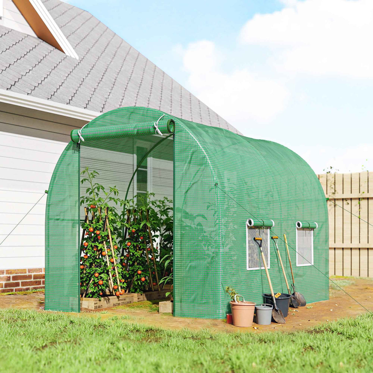 Outsunny Reinforced Walk in Polytunnel Greenhouse with Roll Up Door, Galvanised Steel Frame and Zipped Door Windows, 2.5 x 2 m