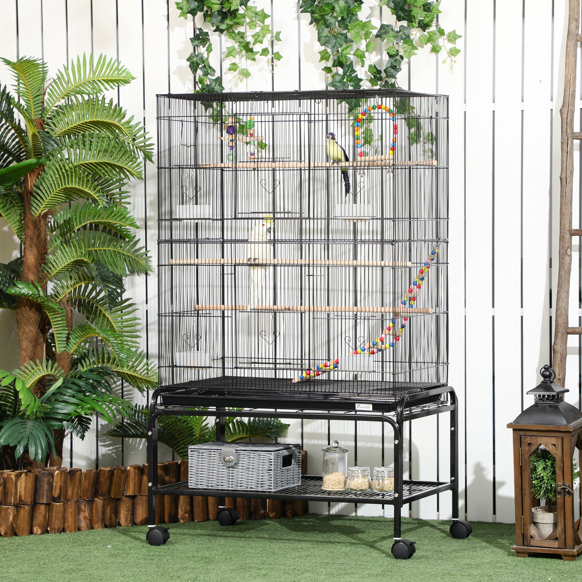 PawHut Large Bird Cage Budgie Cage with Stand, Toys, Wheels, Accessories, Storage Shelf for Canaries, Finches, Lovebirds, Parakeets - Black, 79 x 49 x 133 cm - North Peak Garden Furniture