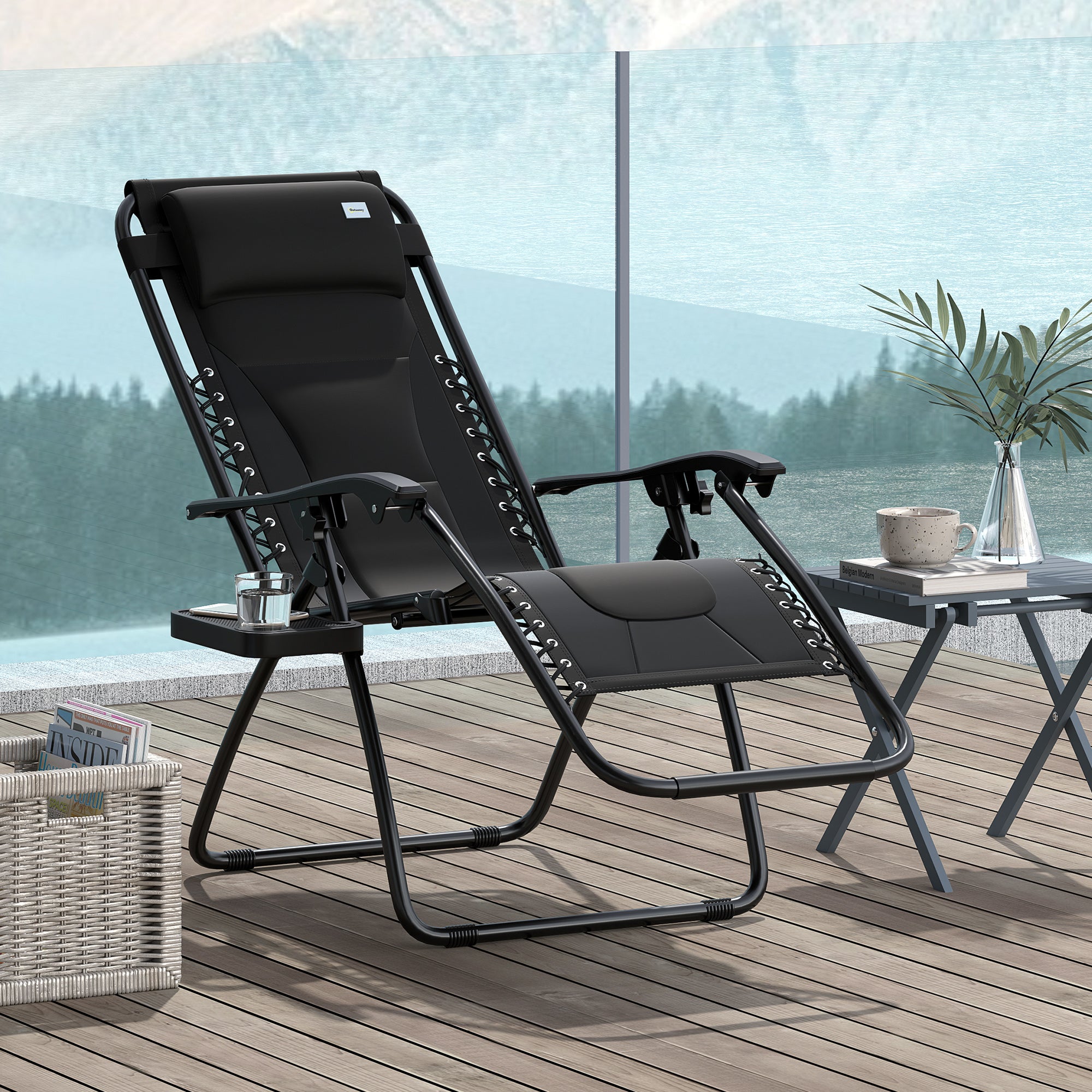 Outsunny Zero Gravity Lounger Chair, Folding Reclining Patio Chair with Padded Seat, Cup Holder, Soft Cushion and Headrest for Poolside, Camping, Black - North Peak Garden Furniture