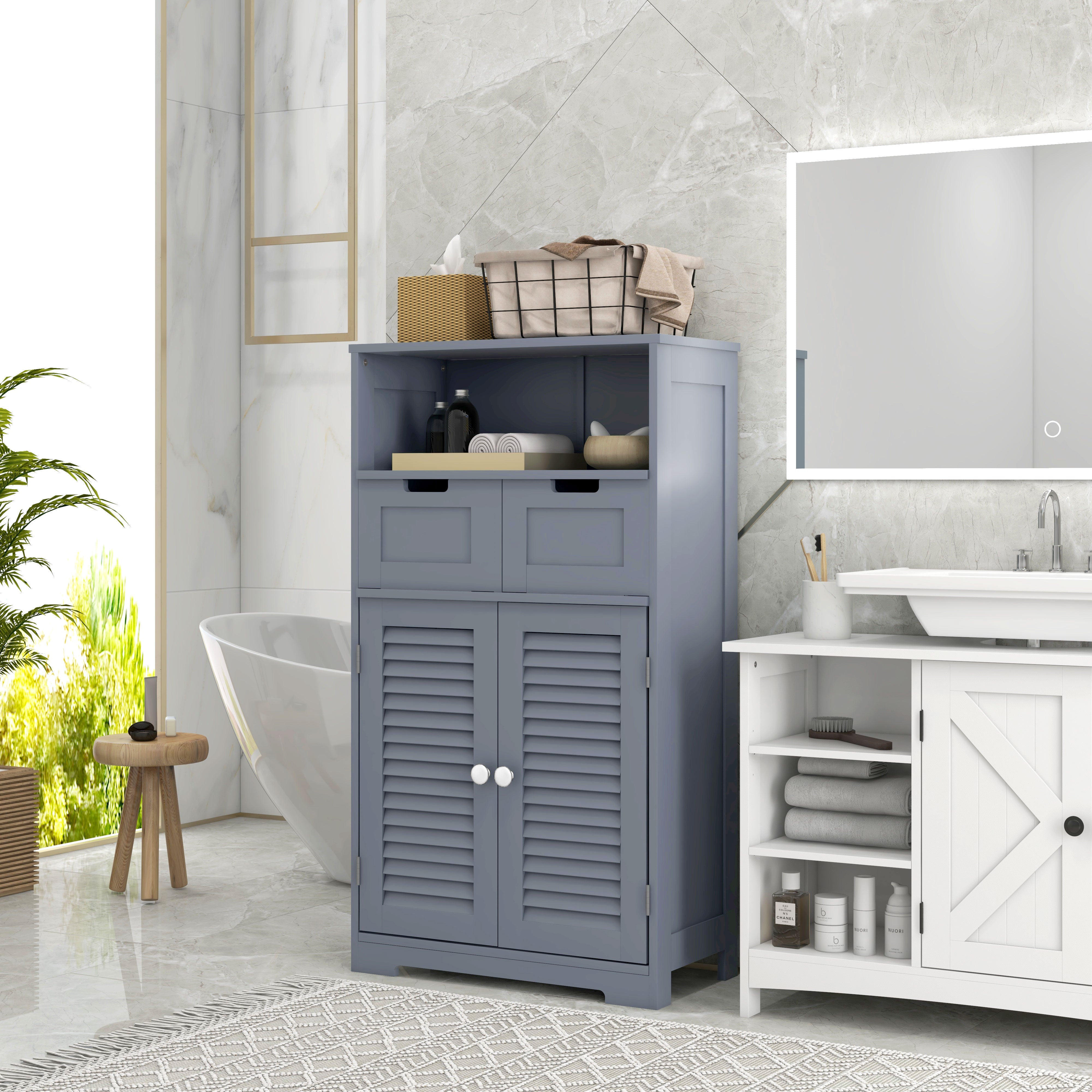 kleankin Three-Part Bathroom Storage Unit, with Shelf, Drawers & Cupboard - Grey - North Peak Garden Furniture