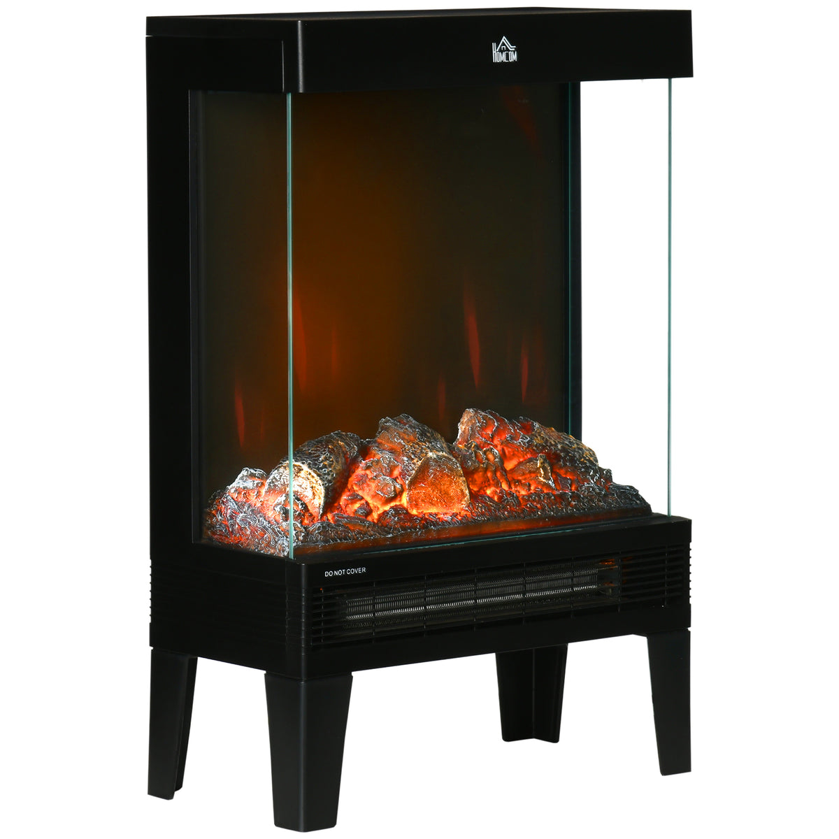 HOMCOM 180° Charming Electric Fireplace Heater, Quiet Freestanding Stove with LED Flame Effect, 3-Sided Tempered Glass Panels, Level-less Temperature Control, Overheat Protection, 1000W/2000W, Black