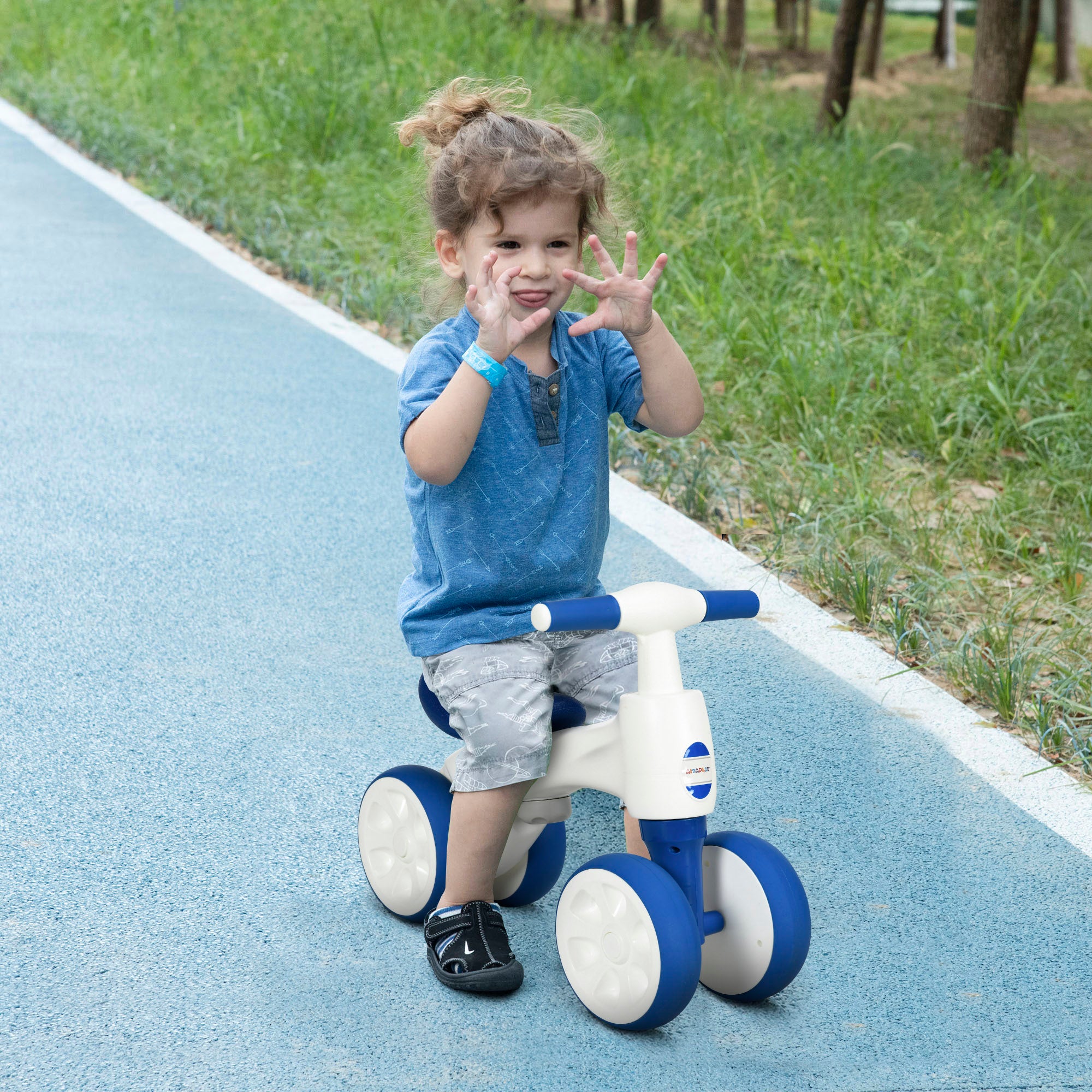 AIYAPLAY Balance Bike for Ages 18-36 Months, with Anti-Slip Handlebars, Four Wheels, No Pedal - Blue - North Peak Garden Furniture