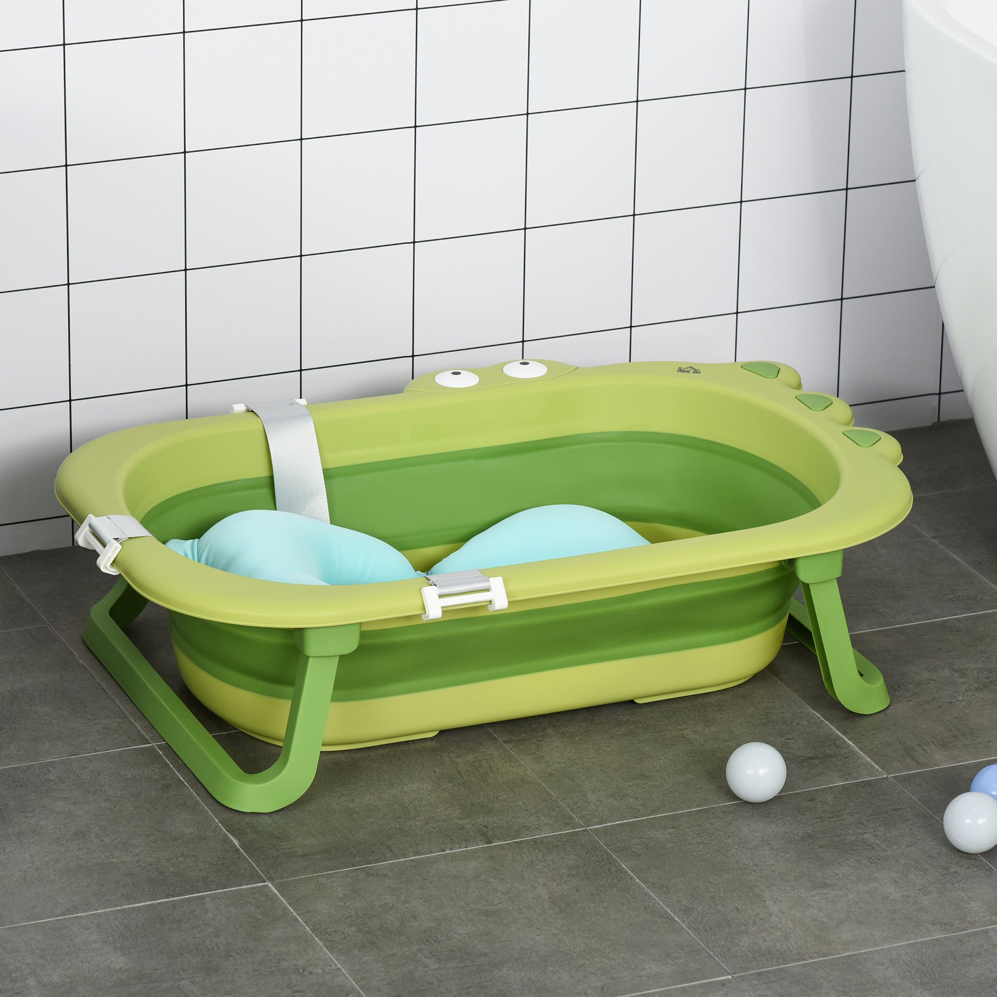 HOMCOM Baby Bath Tub for Toddler Kids Infant Ergonomic Foldable Secure Non-Slip Portable with Baby Cushion for 0-3 Years Green - North Peak Garden Furniture