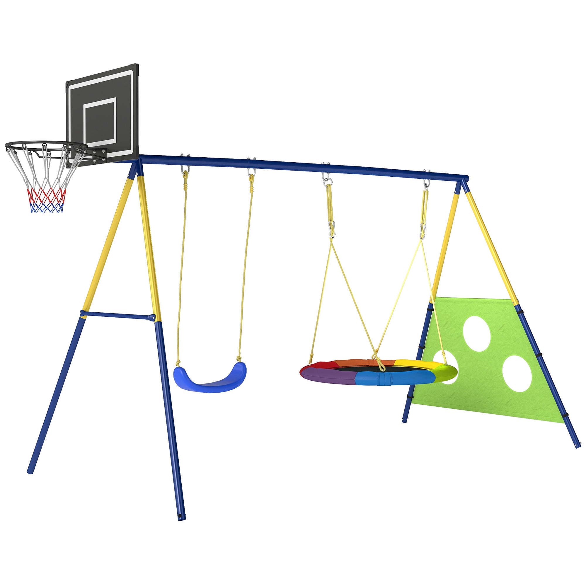 AIYAPLAY 4-in-1 Kids Swing Set with Saucer Swing, Basketball Hoop and Football Goal, Outdoor Playground Playset for Garden