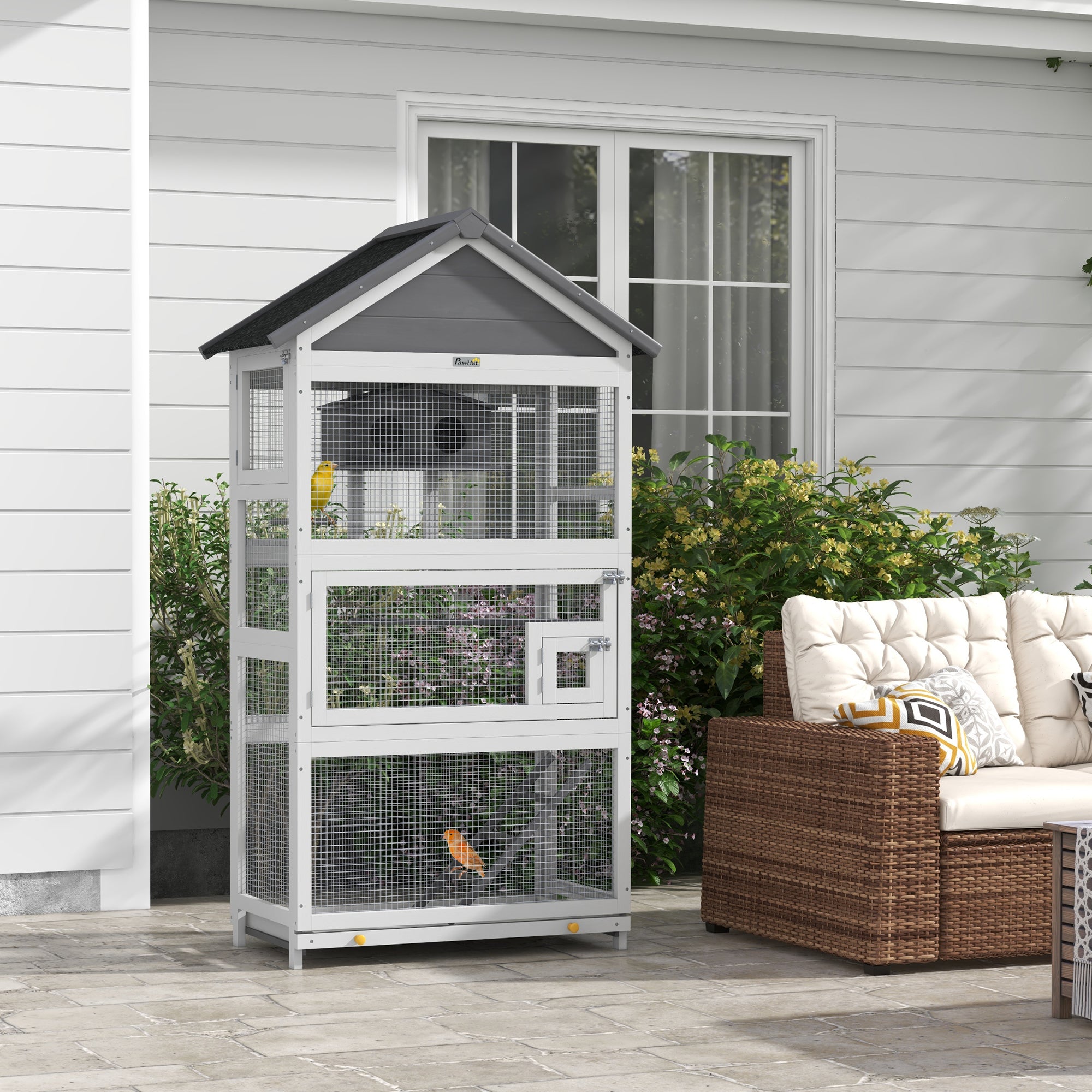 PawHut Wooden Bird Cage, with Stand, for Finches, Parakeets, Small birds - Grey - North Peak Garden Furniture